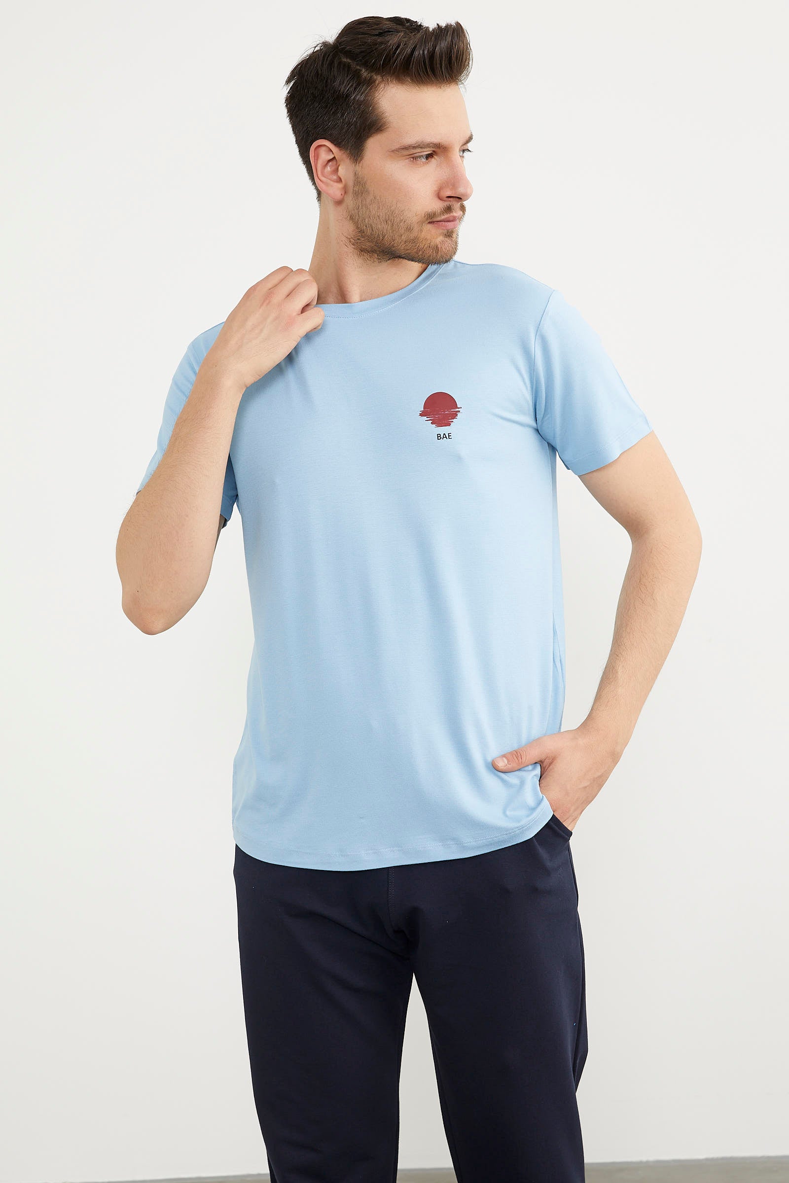 Baskılı Sıfır Yaka Penye Tişört - Mavi (3) Sementa