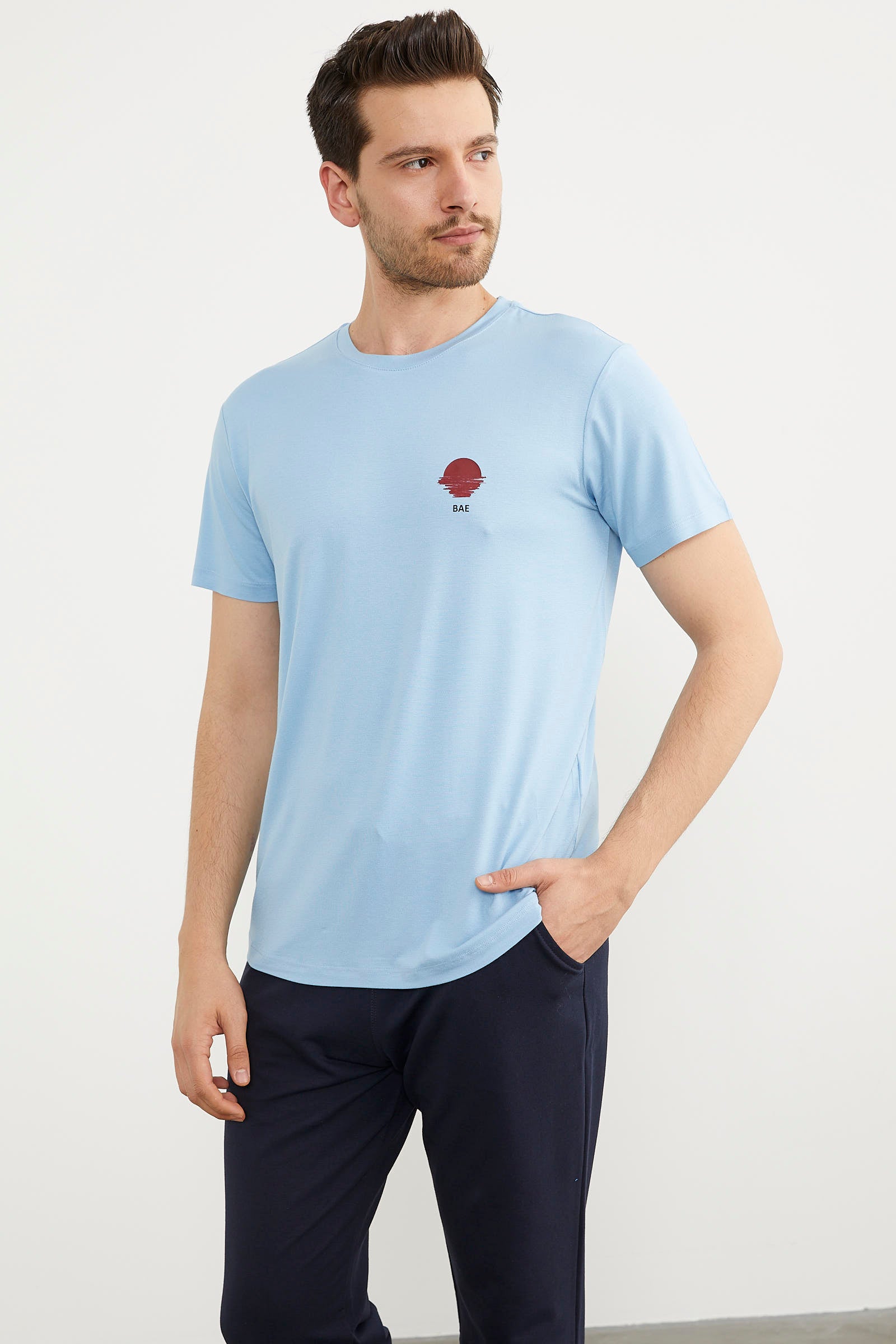 Baskılı Sıfır Yaka Penye Tişört - Mavi (4) Sementa