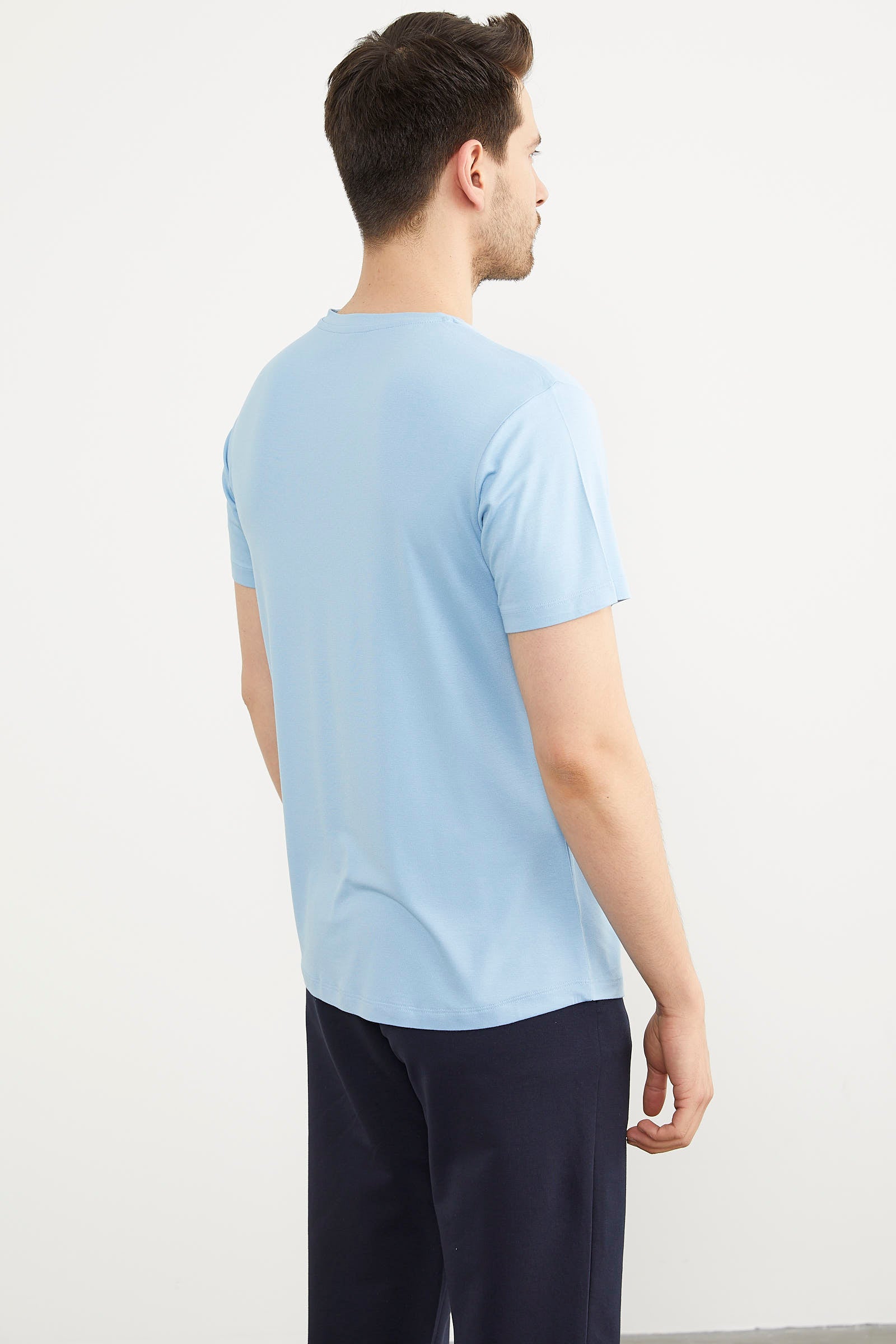 Baskılı Sıfır Yaka Penye Tişört - Mavi (5) Sementa