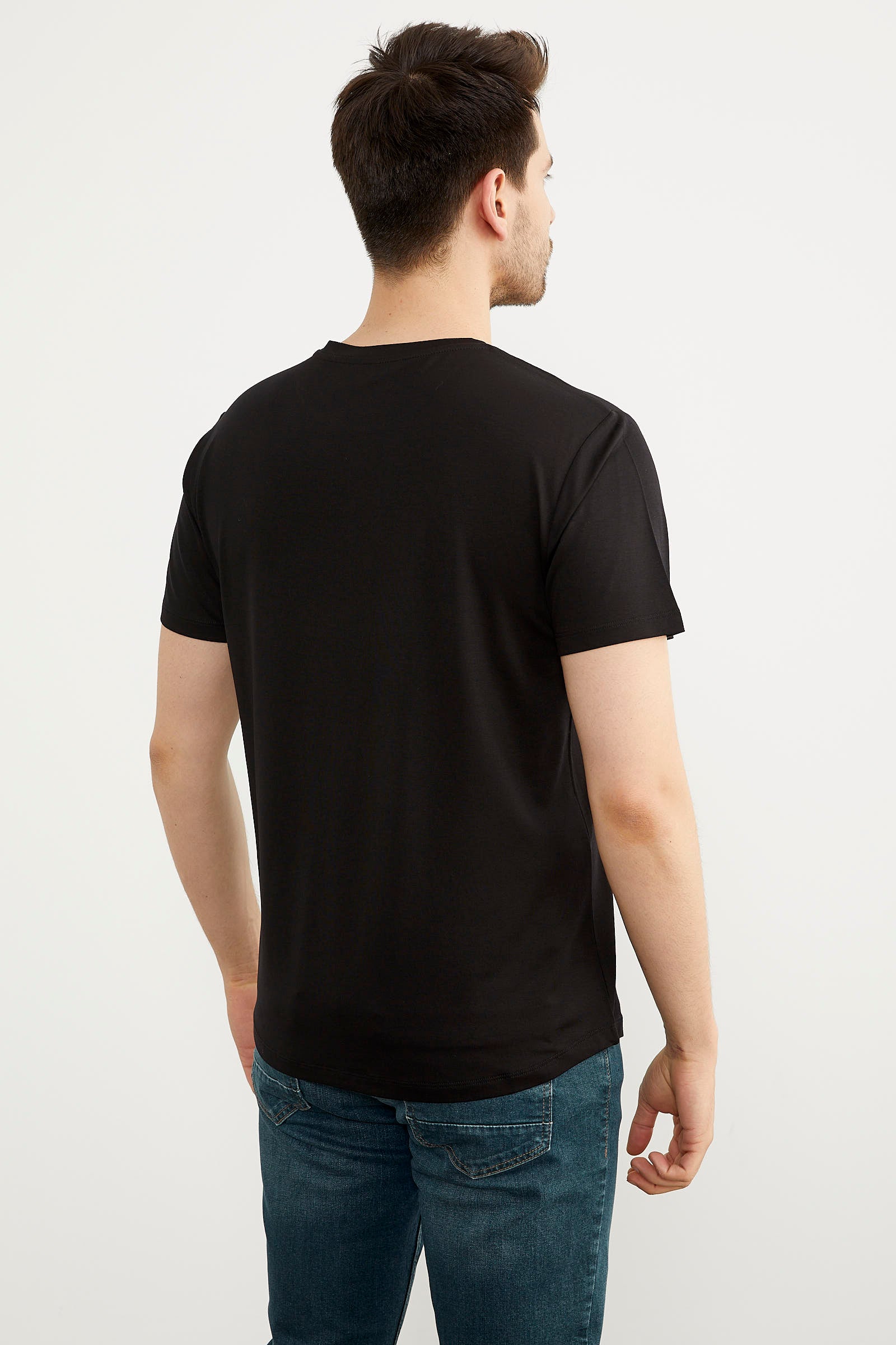 Baskılı Sıfır Yaka Penye Tişört - Siyah (4) Sementa