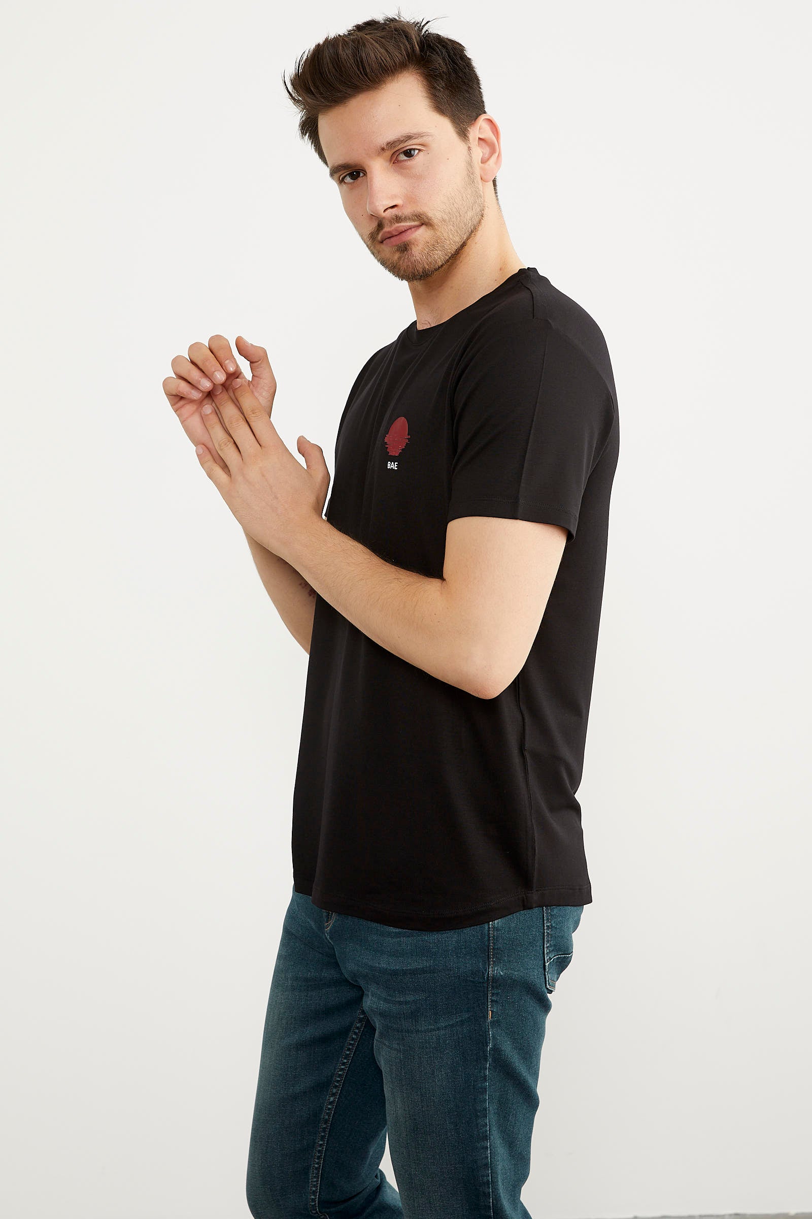 Baskılı Sıfır Yaka Penye Tişört - Siyah (2) Sementa