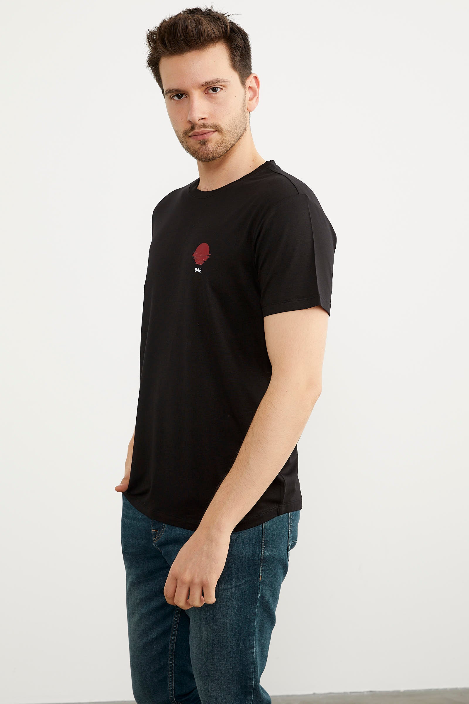 Baskılı Sıfır Yaka Penye Tişört - Siyah (3) Sementa