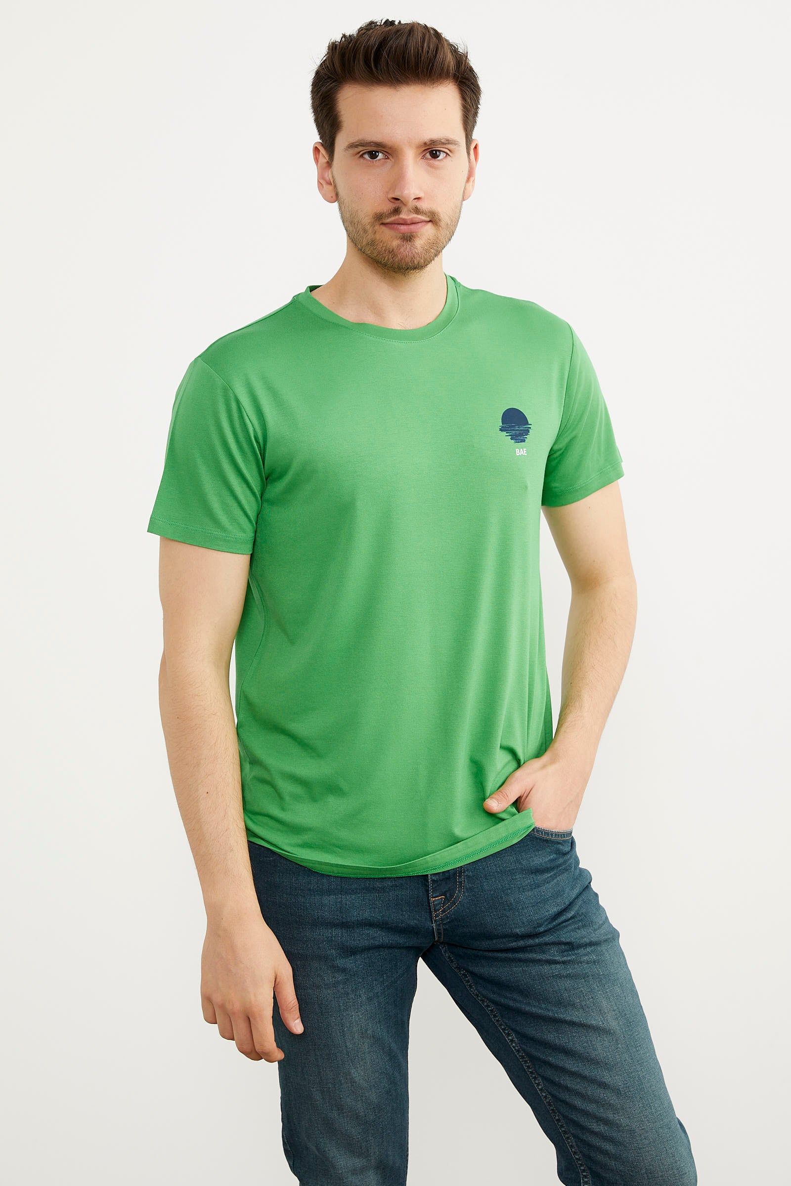 Baskılı Sıfır Yaka Penye Tişört - Yeşil (2) Sementa