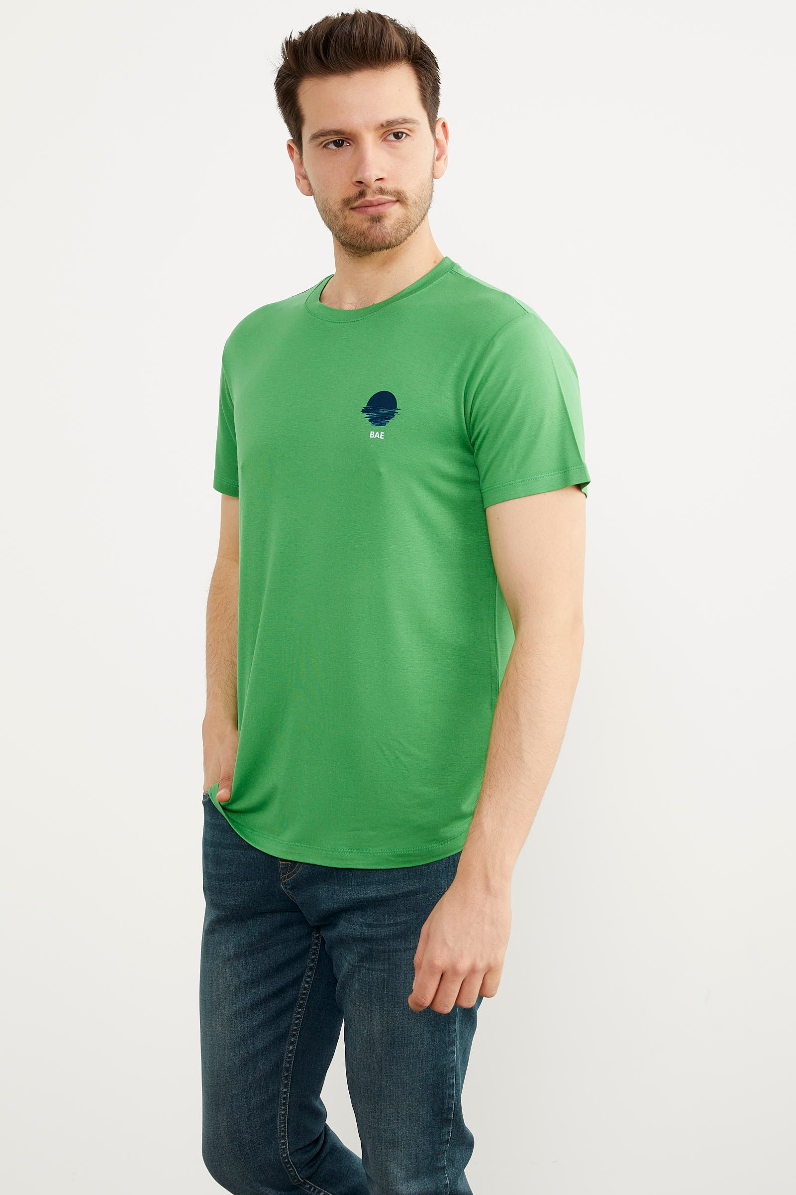 Baskılı Sıfır Yaka Penye Tişört - Yeşil (4) Sementa