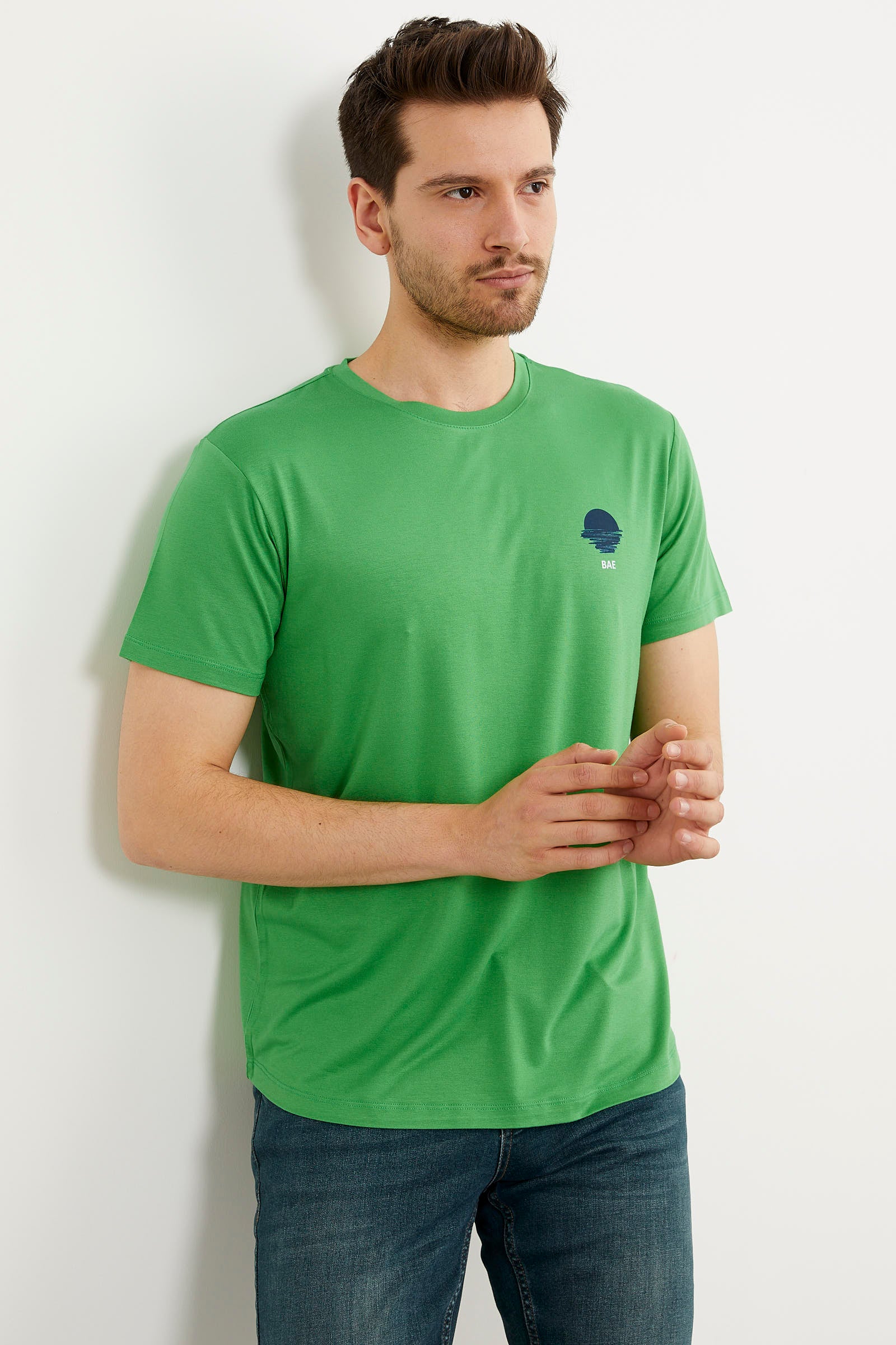 Baskılı Sıfır Yaka Penye Tişört - Yeşil (3) Sementa