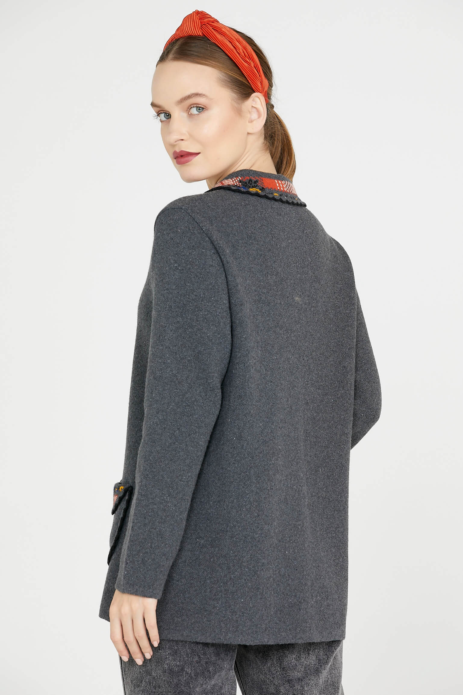 Bebe Yaka Nakışlı Kadın Triko Ceket - Koyu Gri (4) Sementa