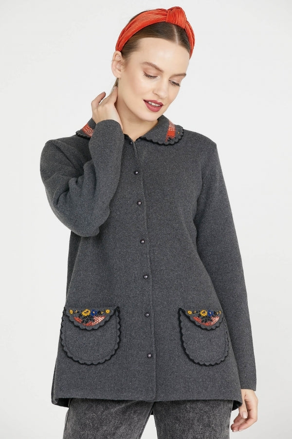 Bebe Yaka Nakışlı Kadın Triko Ceket - Koyu Gri (5) Sementa