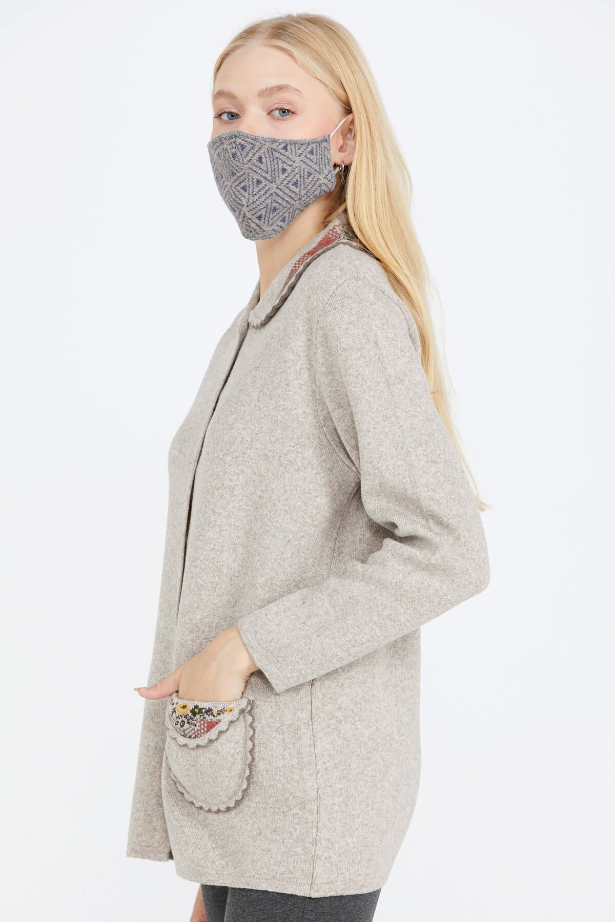 Bebe Yaka Nakışlı Kadın Triko Ceket - Vizon (4) Sementa