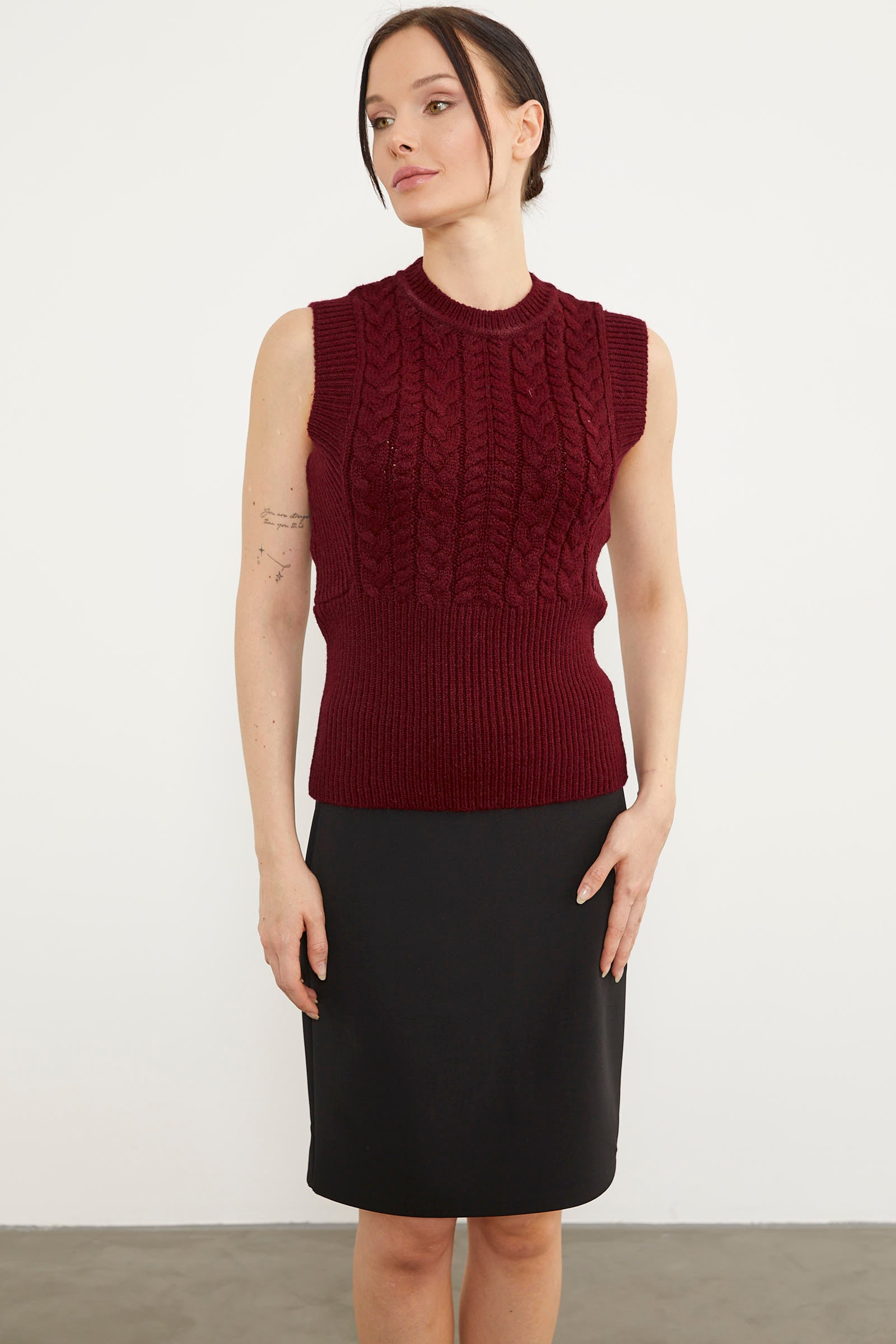 Bele Oturmalı Saç Örgü Triko Süveter - Bordo (2) Sementa