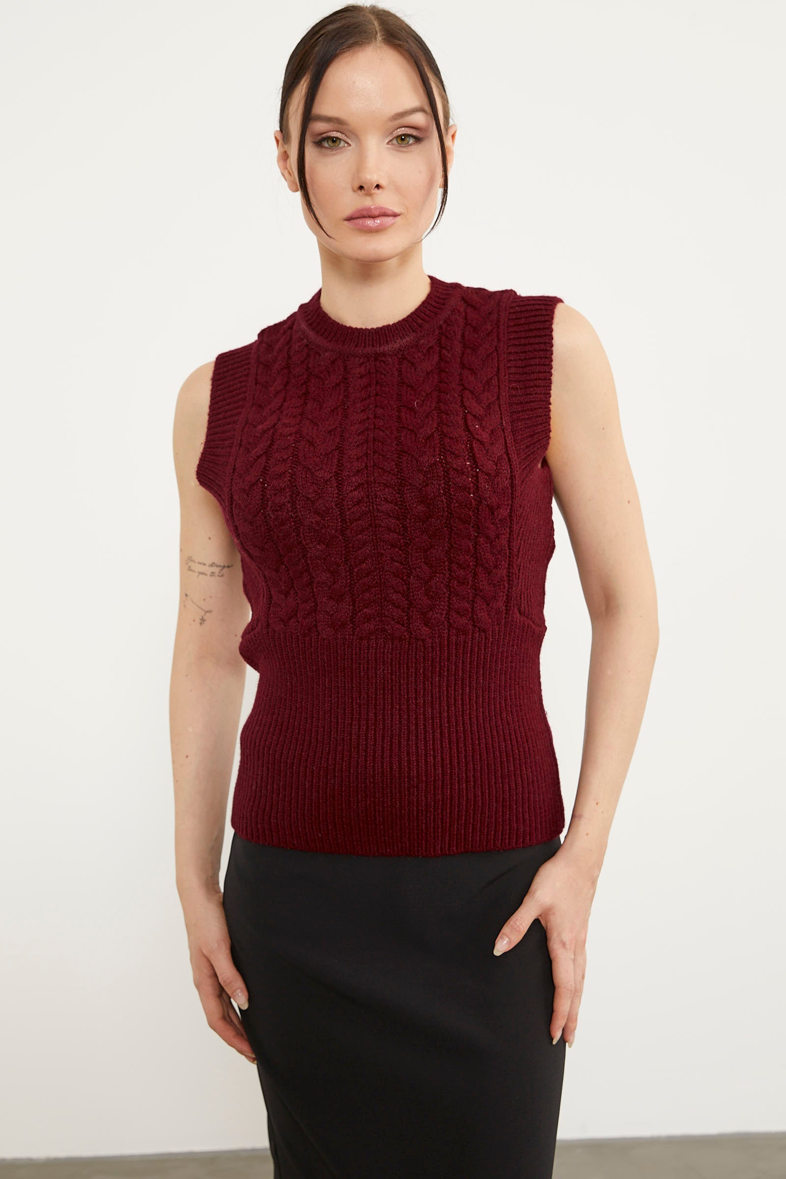 Bele Oturmalı Saç Örgü Triko Süveter - Bordo (4) Sementa