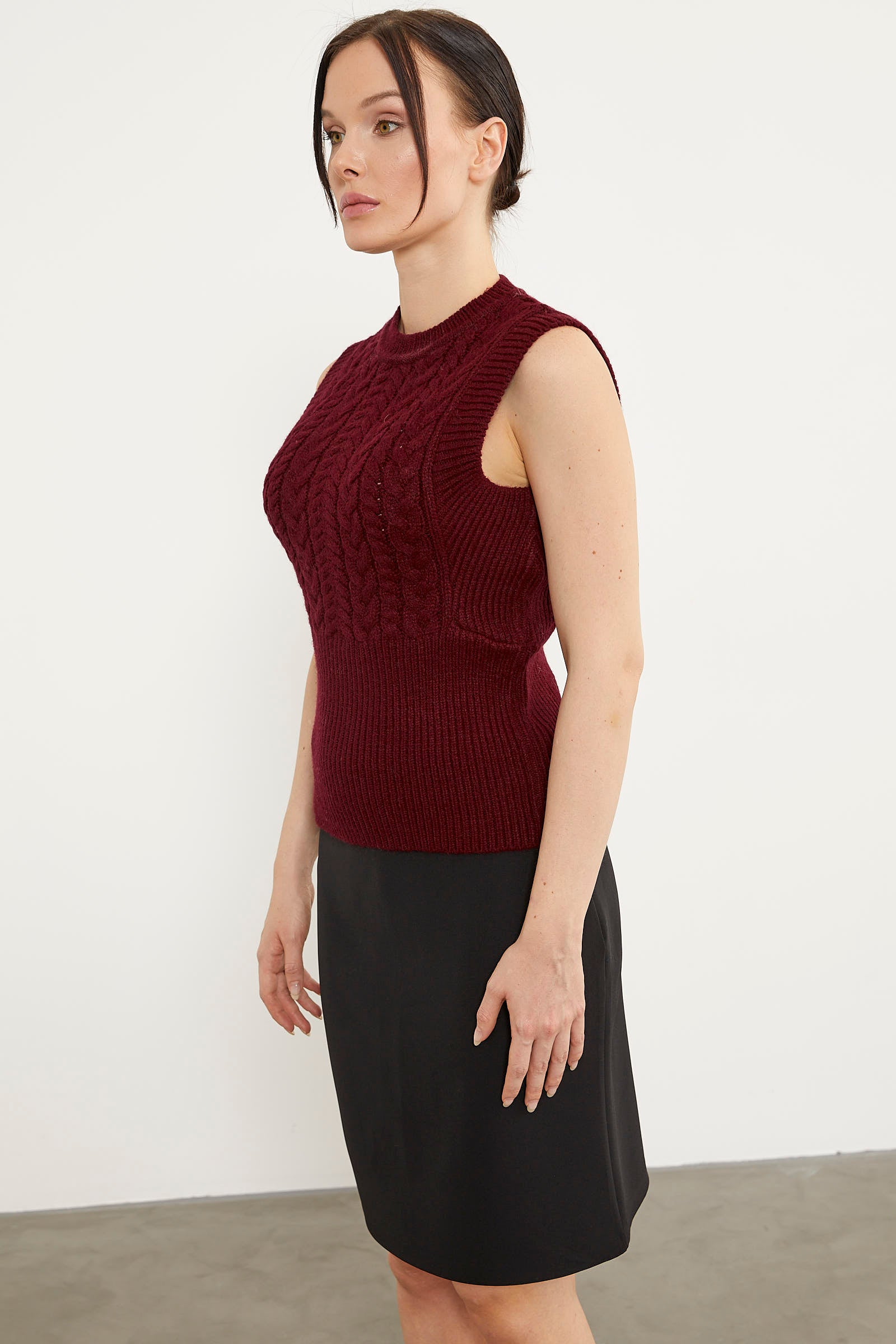 Bele Oturmalı Saç Örgü Triko Süveter - Bordo (5) Sementa