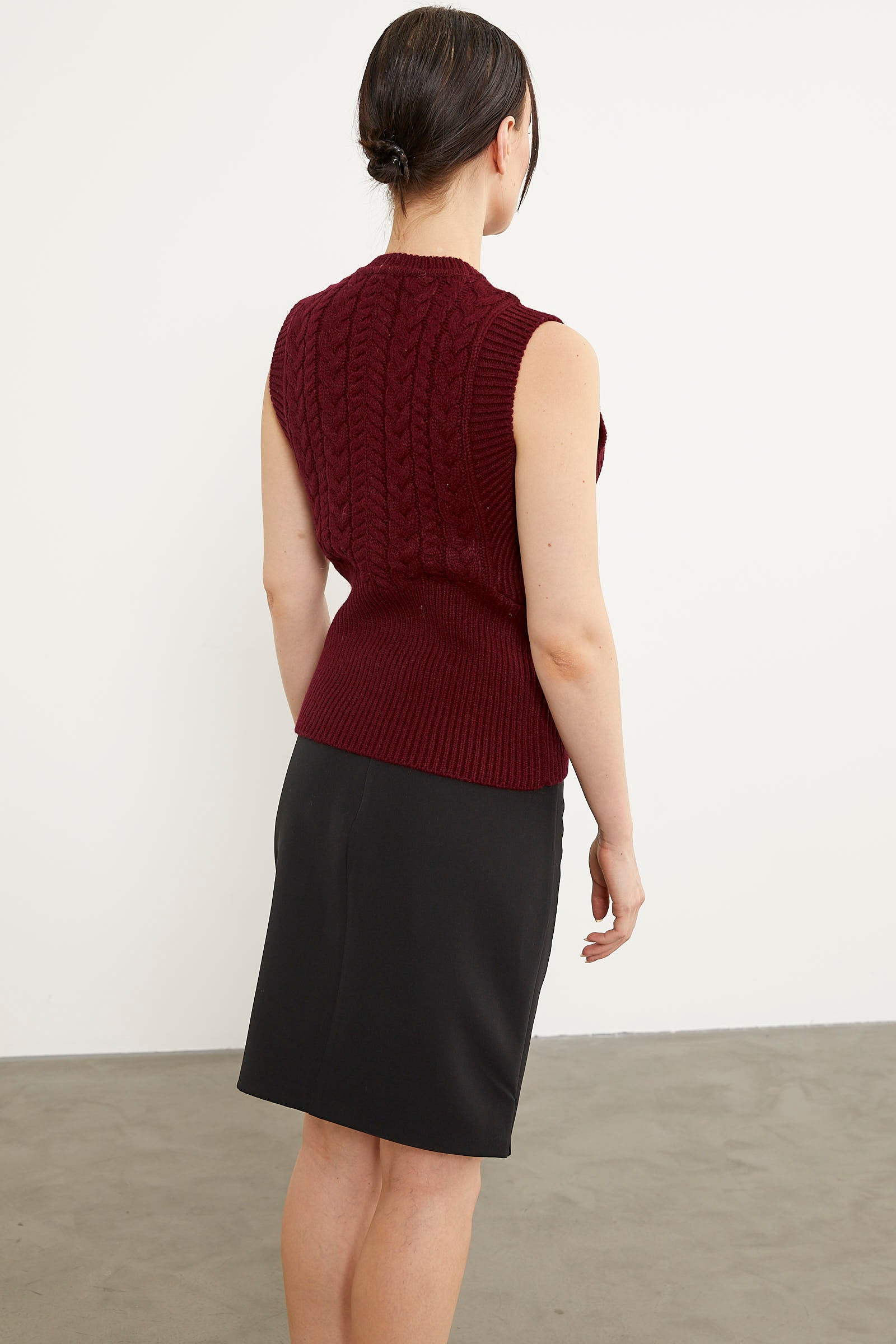 Bele Oturmalı Saç Örgü Triko Süveter - Bordo (6) Sementa