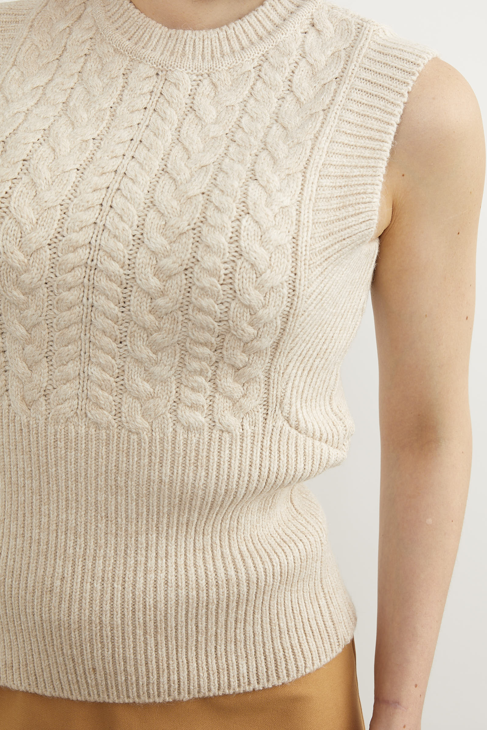 Bele Oturmalı Saç Örgü Triko Süveter - Taş (4) Sementa