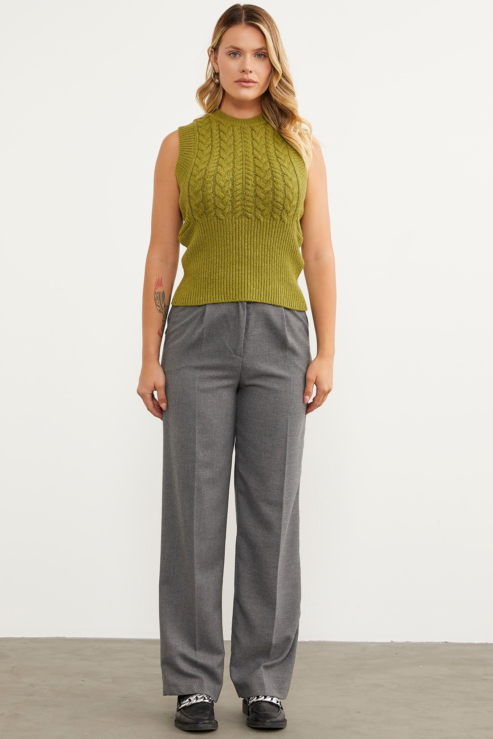 Bele Oturmalı Saç Örgü Triko Süveter - Yeşil (3) Sementa