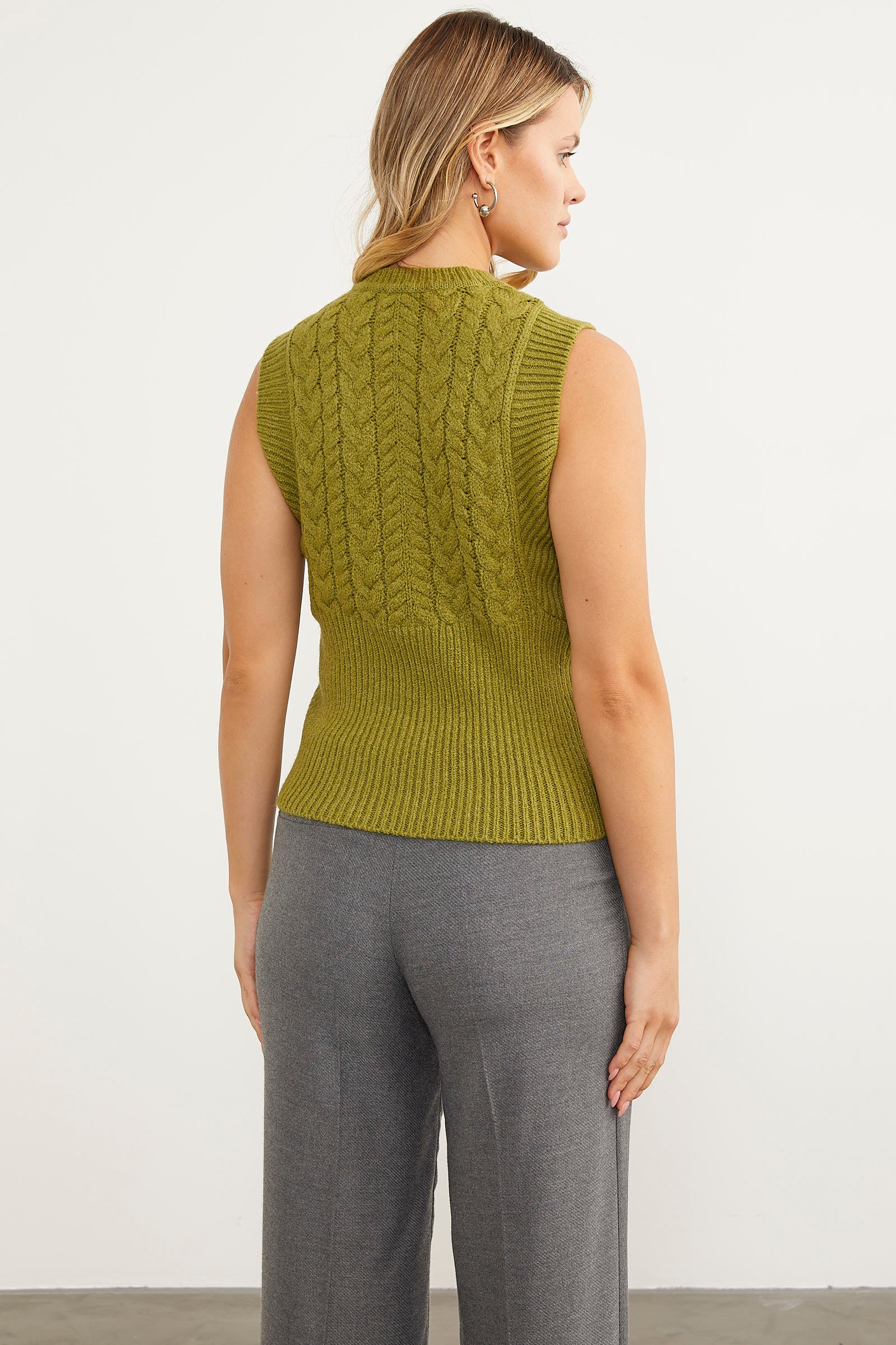 Bele Oturmalı Saç Örgü Triko Süveter - Yeşil (6) Sementa