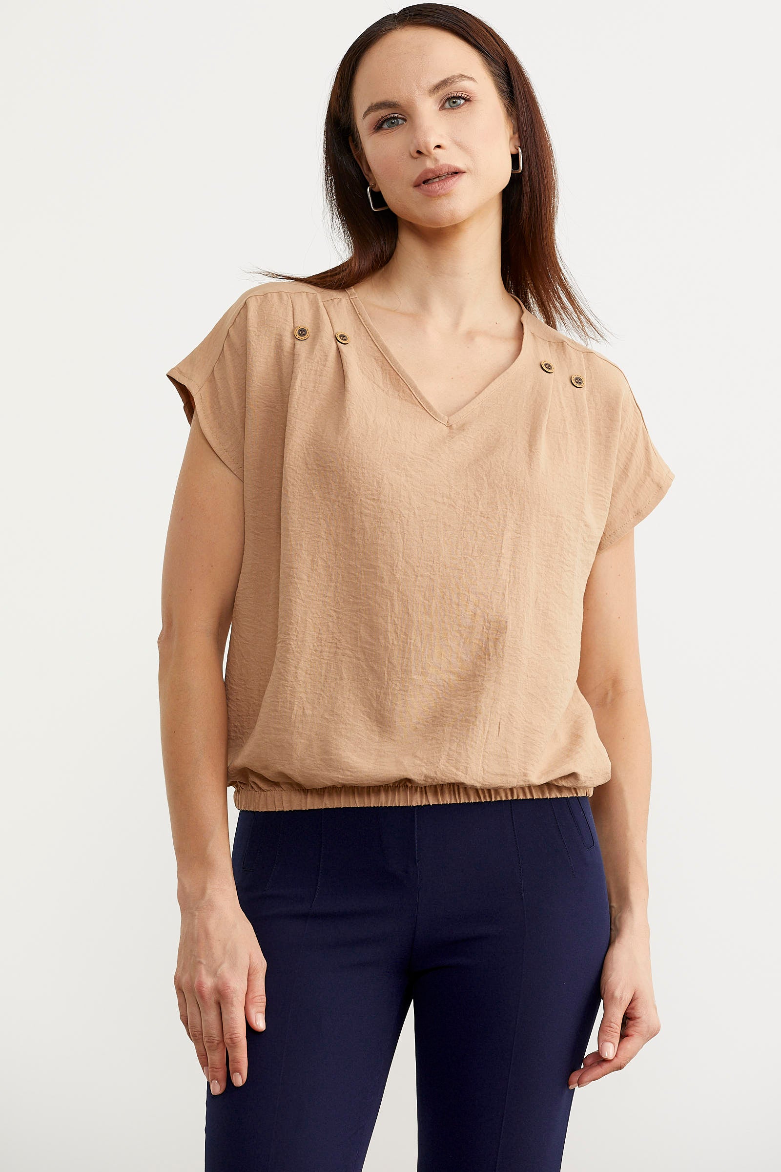 Beli Lastikli V Yaka Crop Bluz - Bej (2) Sementa