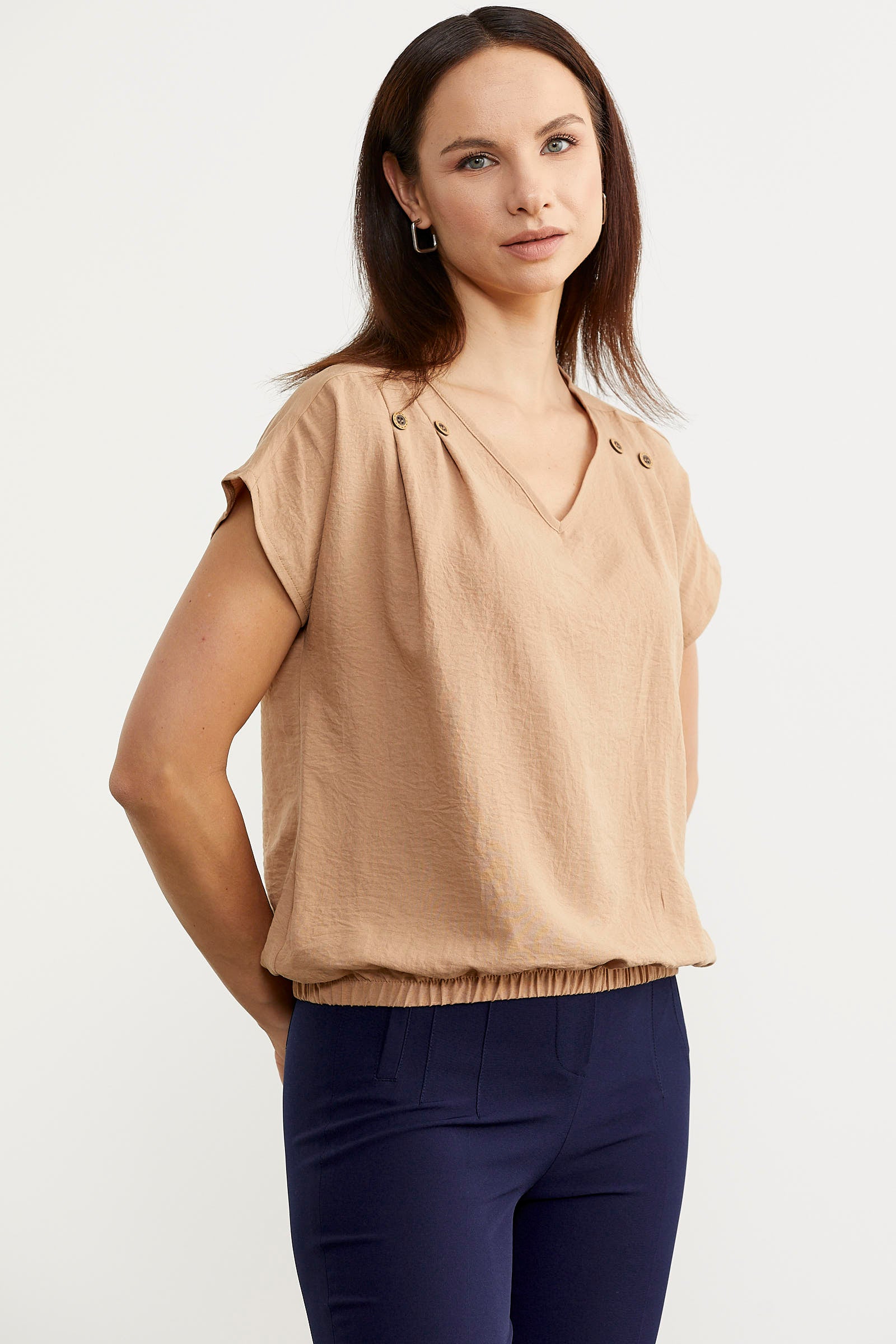 Beli Lastikli V Yaka Crop Bluz - Bej (3) Sementa