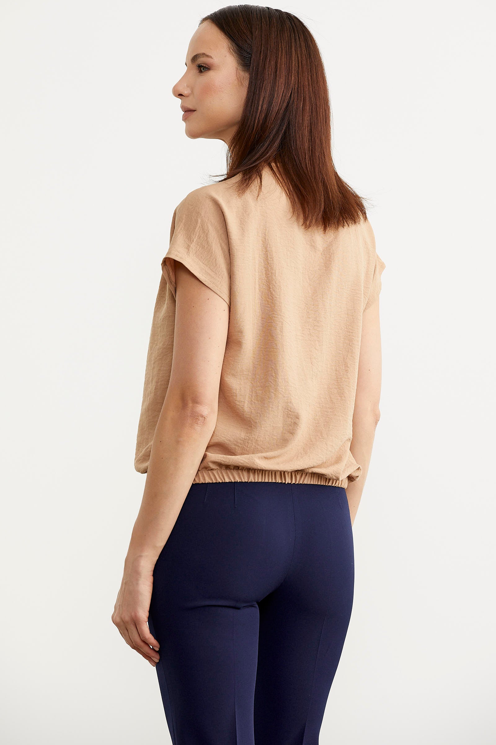 Beli Lastikli V Yaka Crop Bluz - Bej (4) Sementa