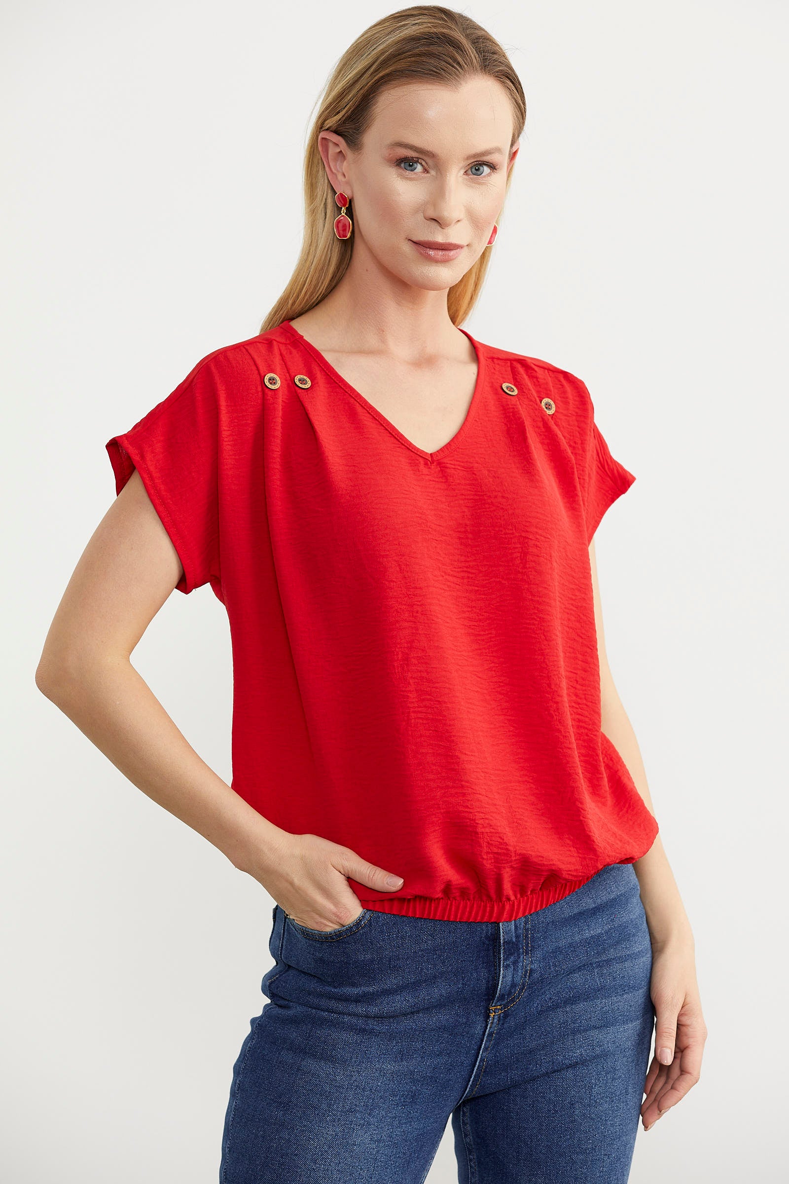 Beli Lastikli V Yaka Crop Bluz - Kırmızı (2) Sementa