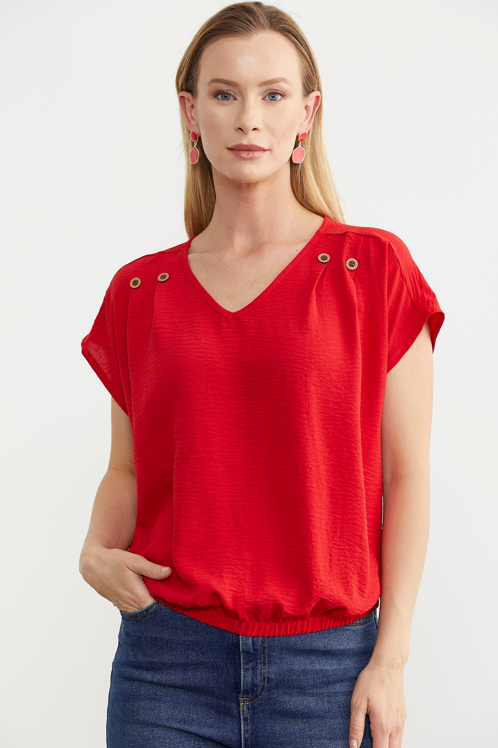 Beli Lastikli V Yaka Crop Bluz - Kırmızı (1) Sementa