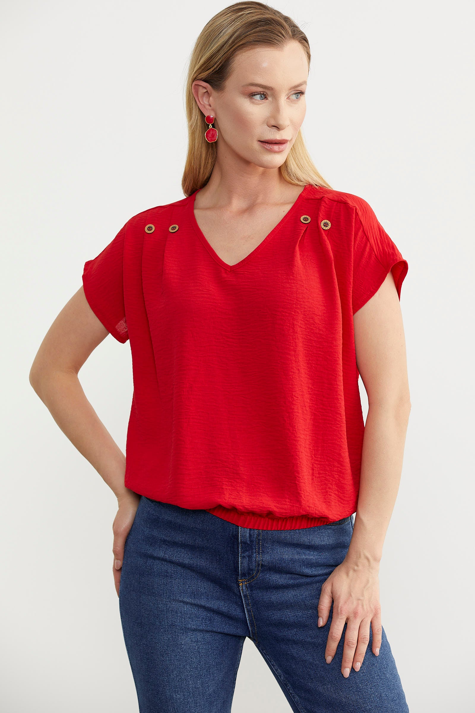 Beli Lastikli V Yaka Crop Bluz - Kırmızı (4) Sementa