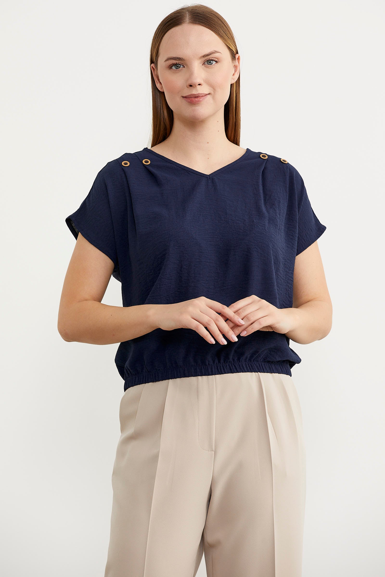 Beli Lastikli V Yaka Crop Bluz - Lacivert (2) Sementa