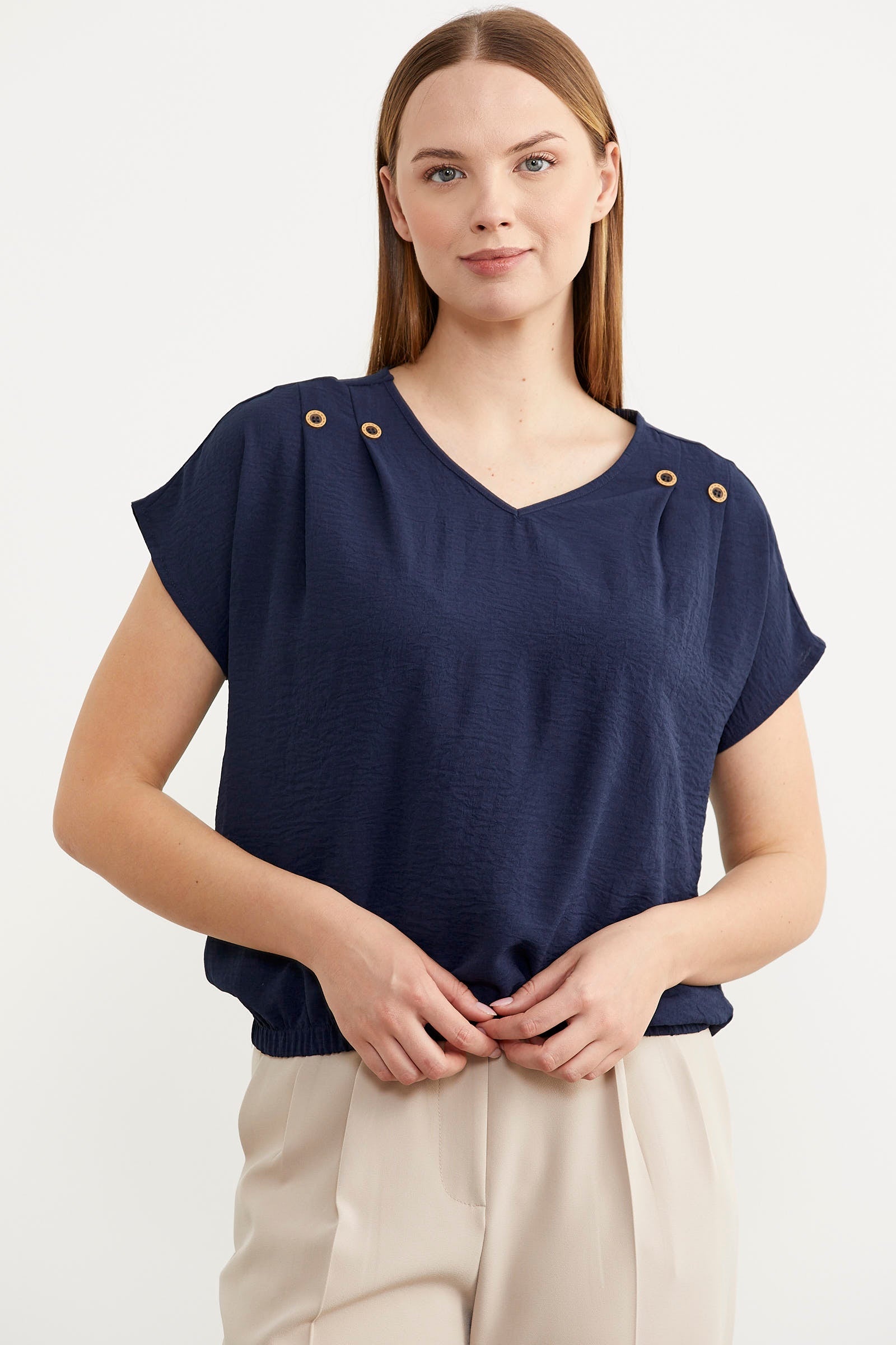 Beli Lastikli V Yaka Crop Bluz - Lacivert (3) Sementa