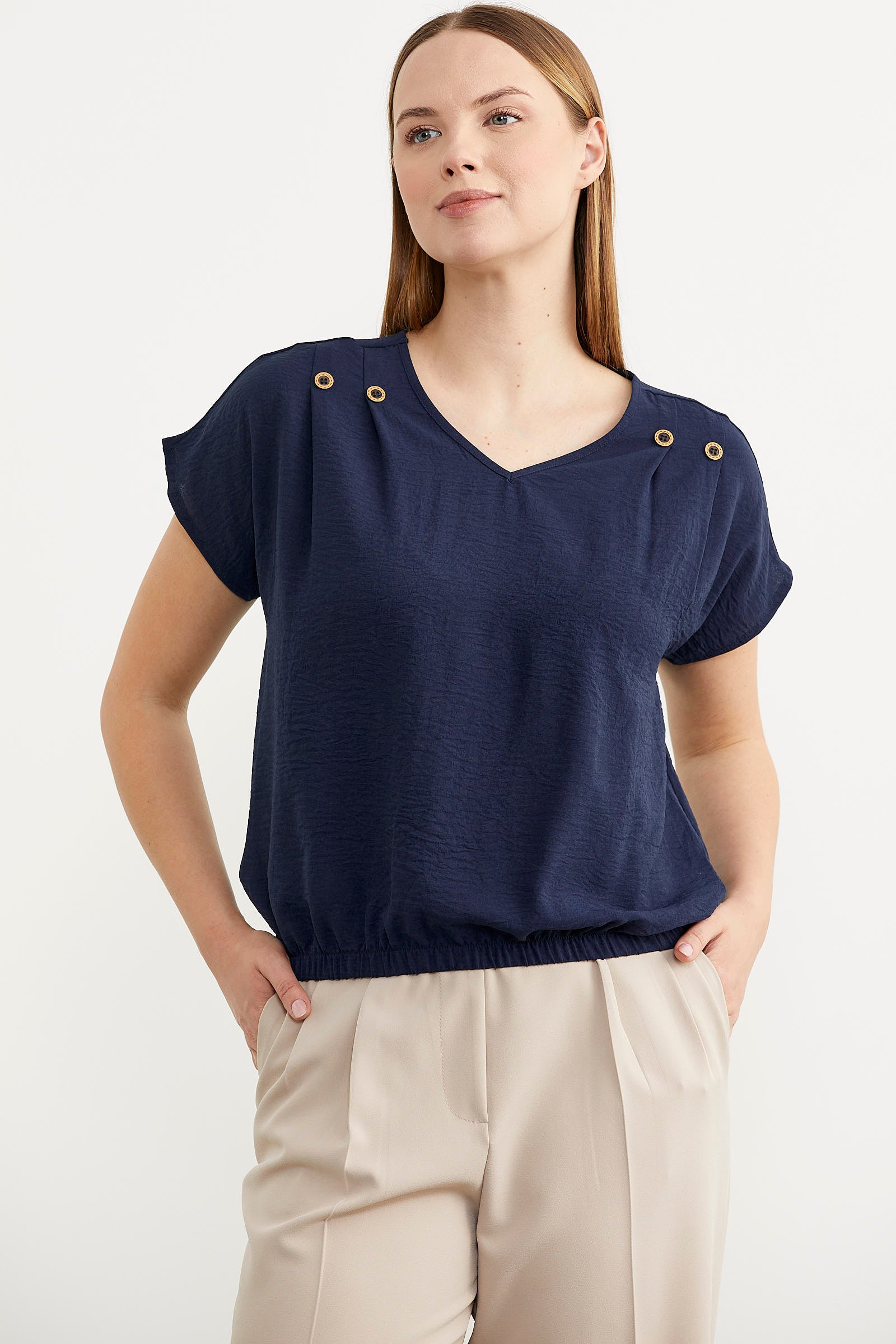 Beli Lastikli V Yaka Crop Bluz - Lacivert (4) Sementa