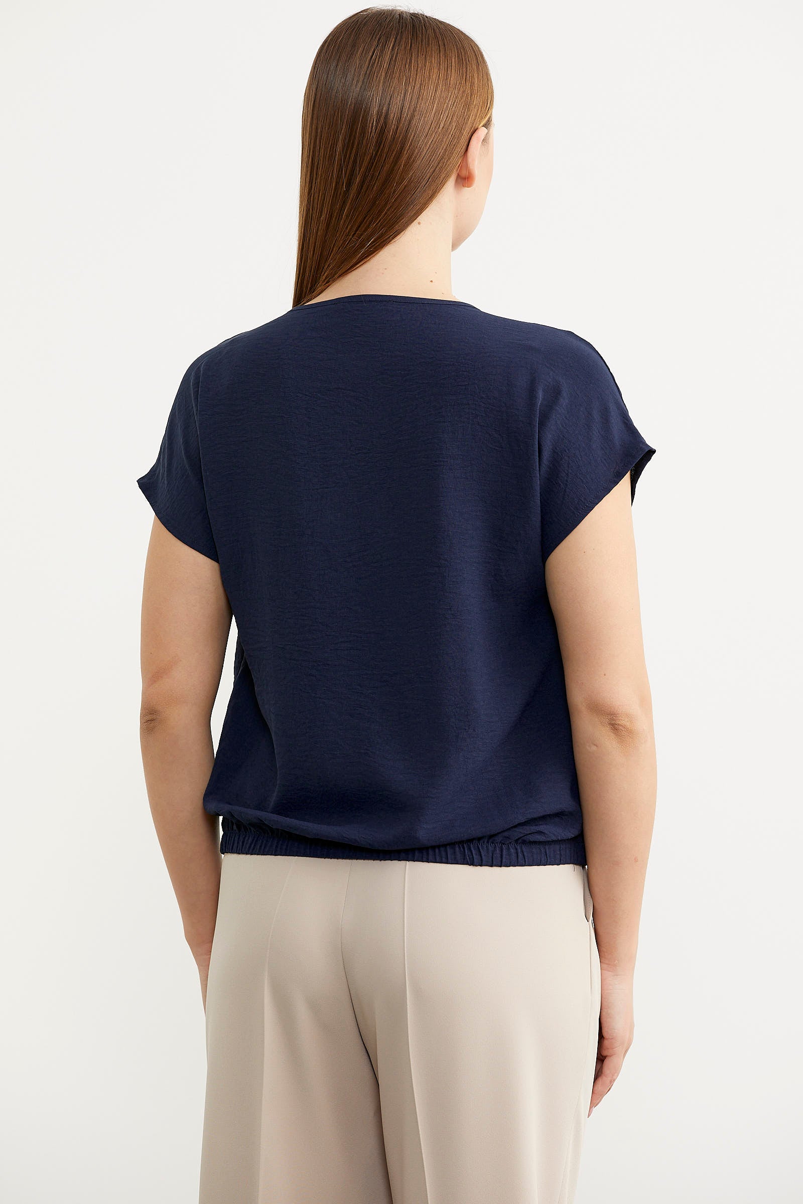 Beli Lastikli V Yaka Crop Bluz - Lacivert (5) Sementa