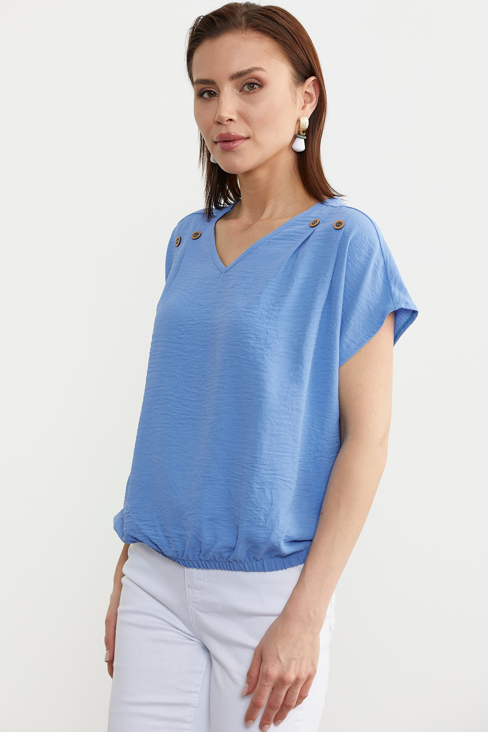 Beli Lastikli V Yaka Crop Bluz - Mavi (3) Sementa