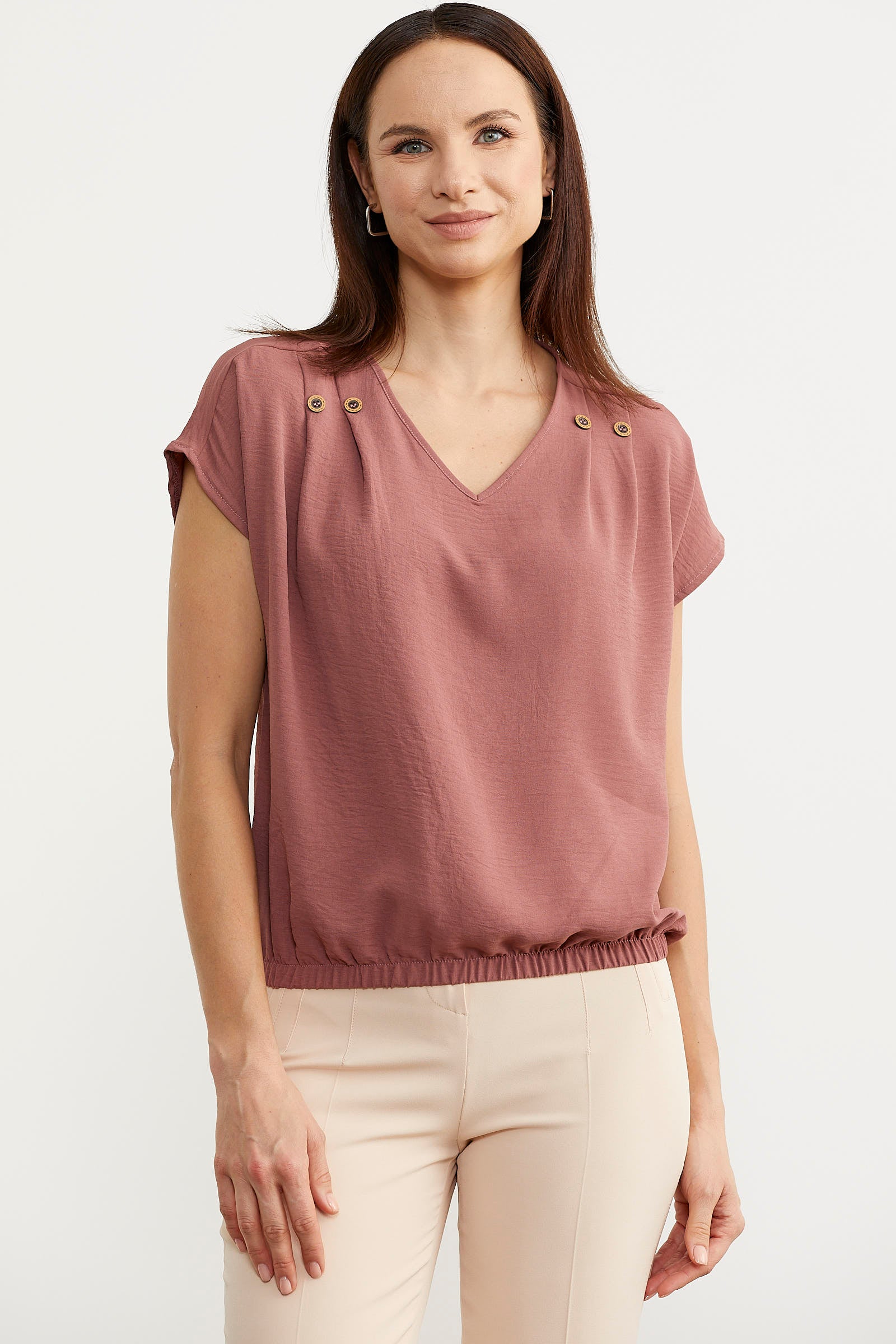 Beli Lastikli V Yaka Crop Bluz - Pembe (2) Sementa