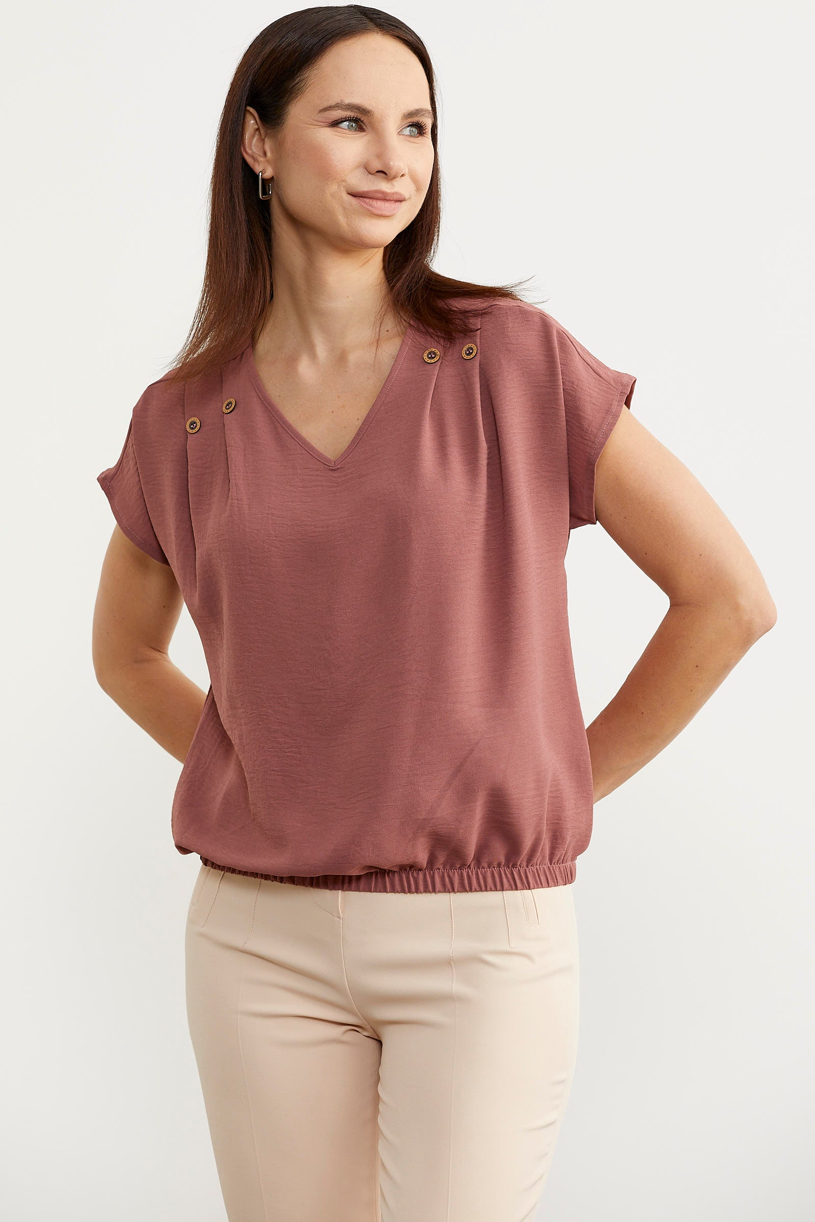 Beli Lastikli V Yaka Crop Bluz - Pembe (3) Sementa