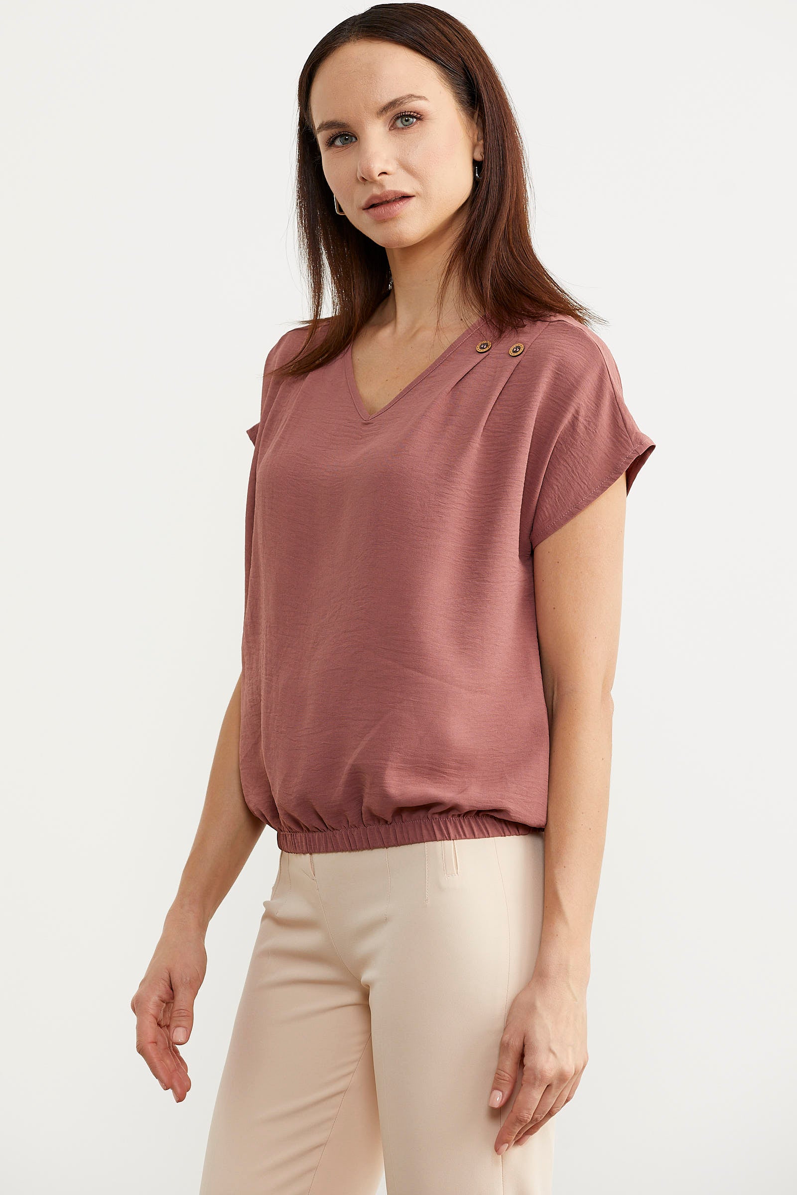 Beli Lastikli V Yaka Crop Bluz - Pembe (4) Sementa