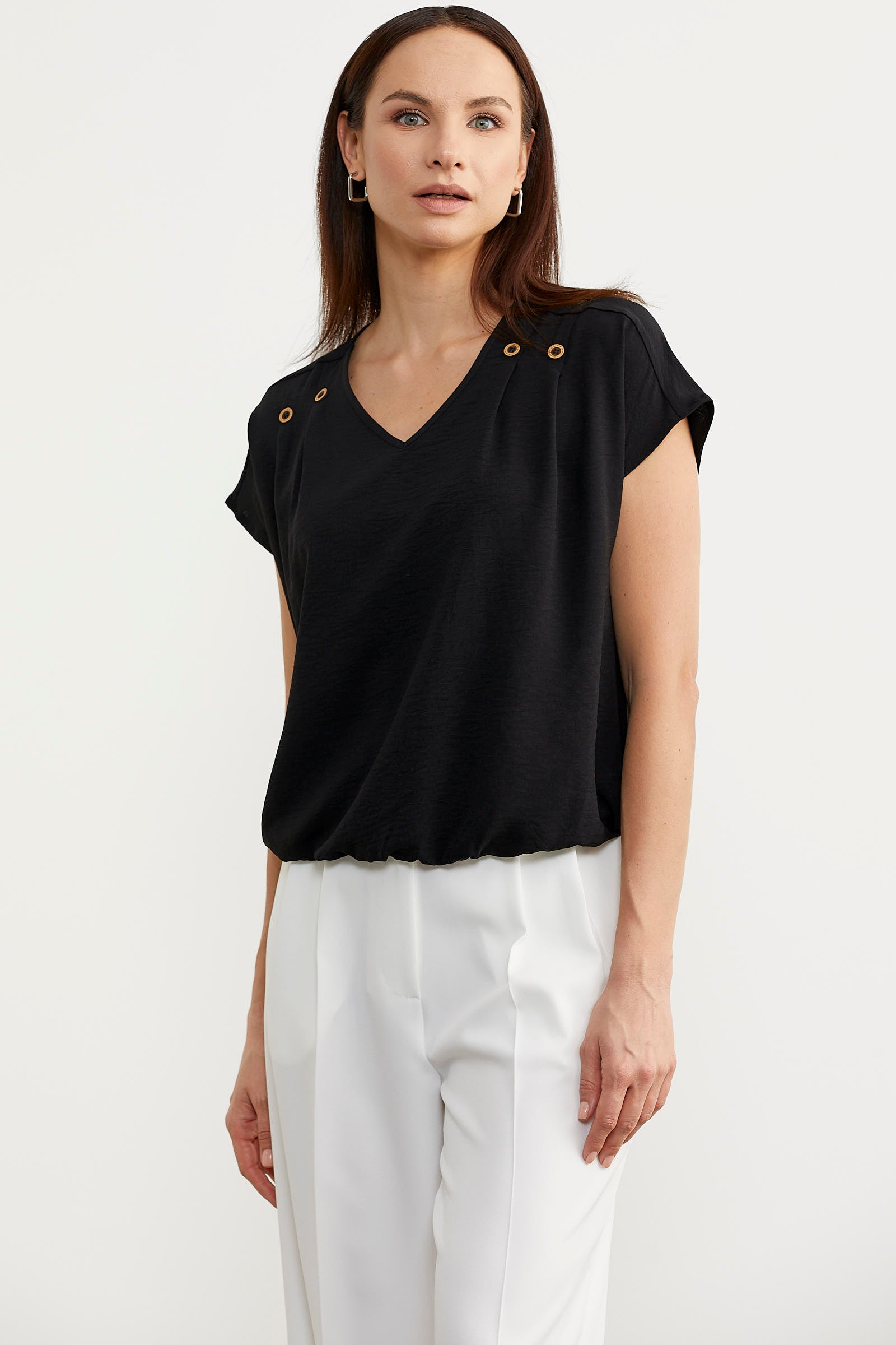 Beli Lastikli V Yaka Crop Bluz - Siyah (2) Sementa