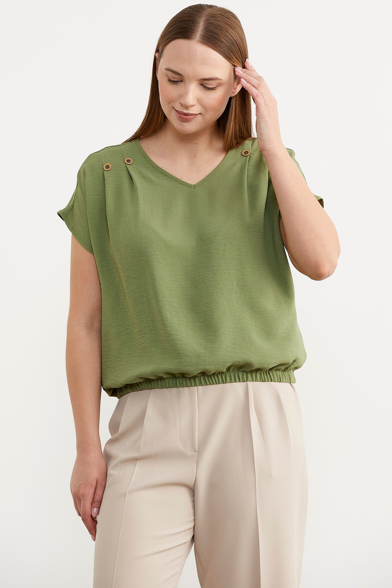 Beli Lastikli V Yaka Crop Bluz - Yeşil (3) Sementa