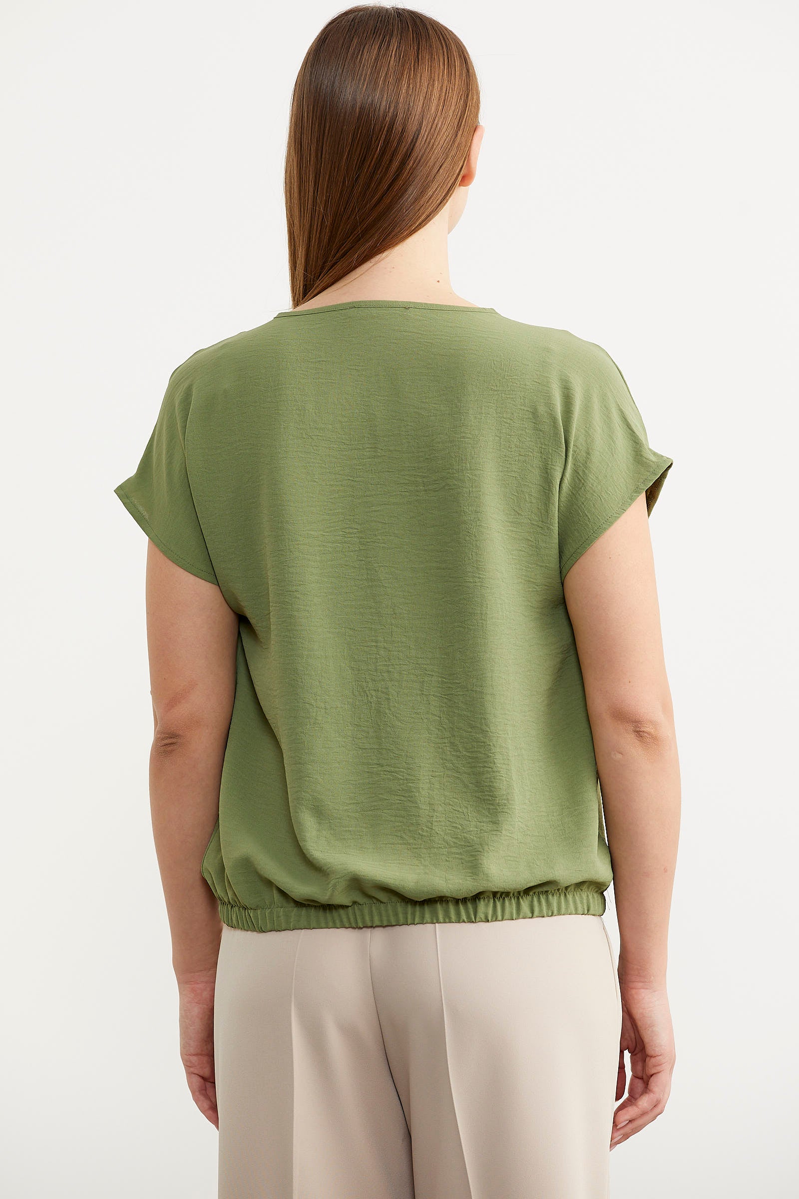 Beli Lastikli V Yaka Crop Bluz - Yeşil (5) Sementa