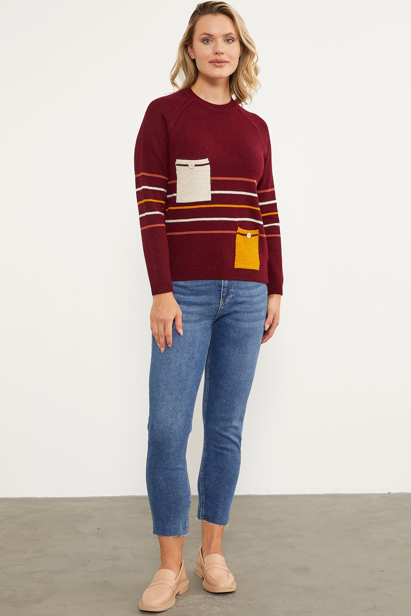 Blok Cepli Renk Çizgili Triko Kazak - Bordo (4) Sementa