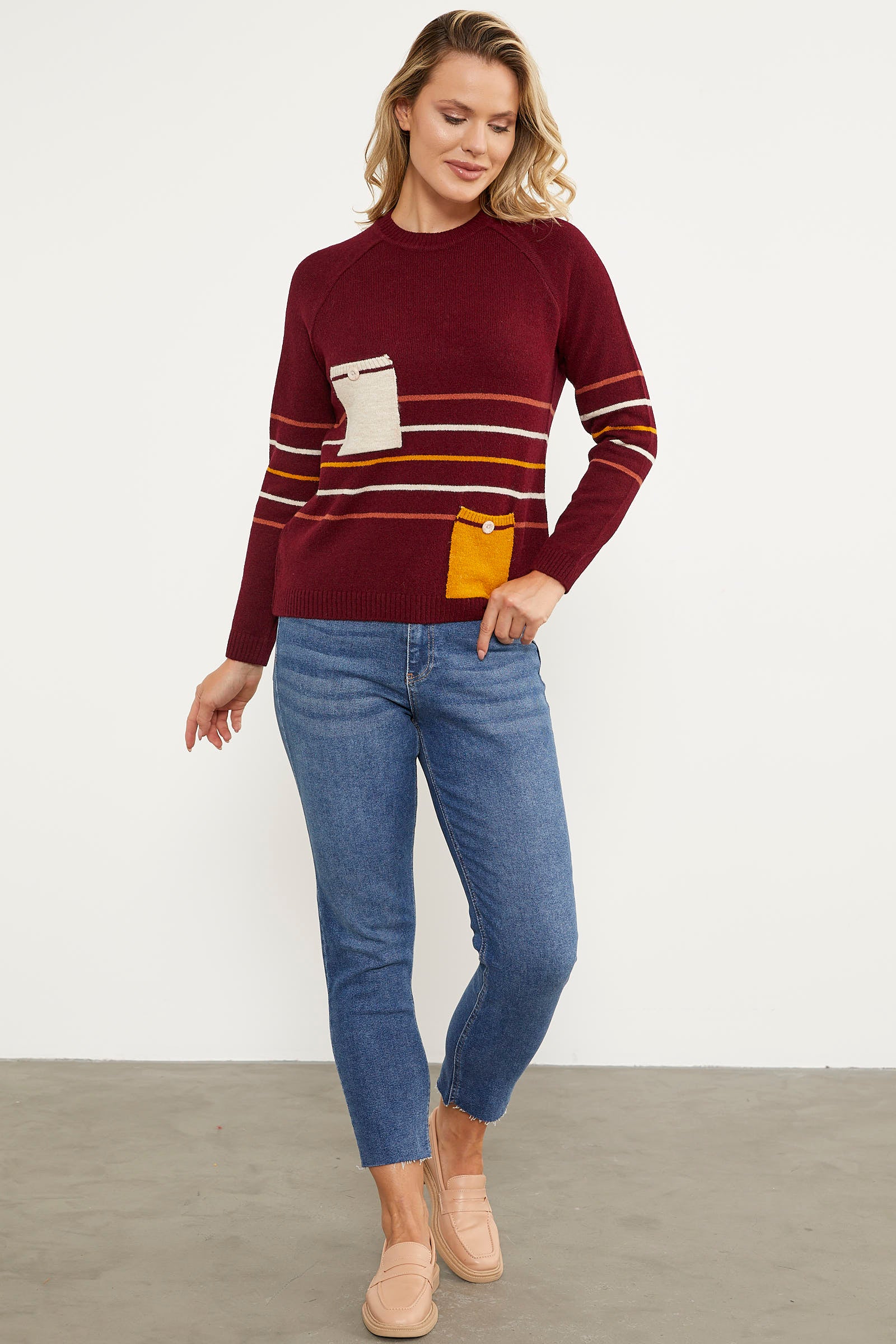 Blok Cepli Renk Çizgili Triko Kazak - Bordo (5) Sementa