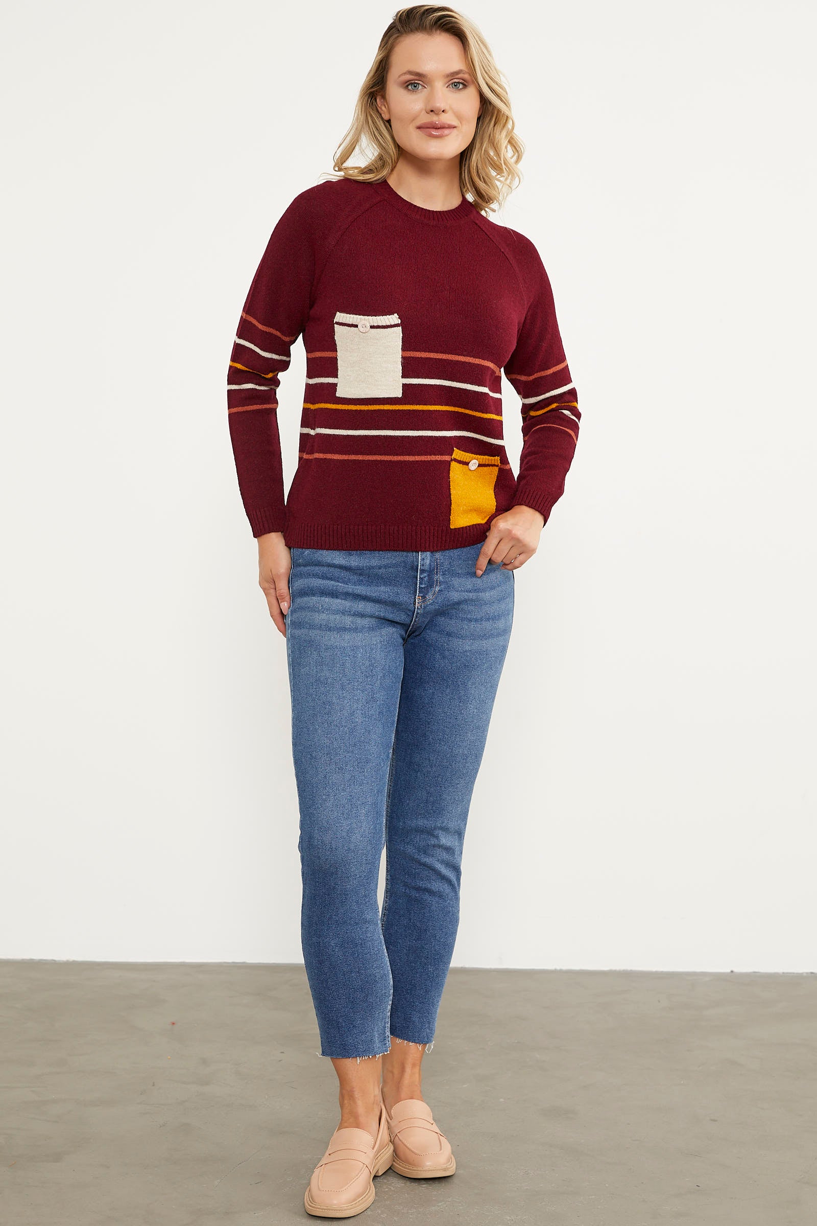 Blok Cepli Renk Çizgili Triko Kazak - Bordo (3) Sementa