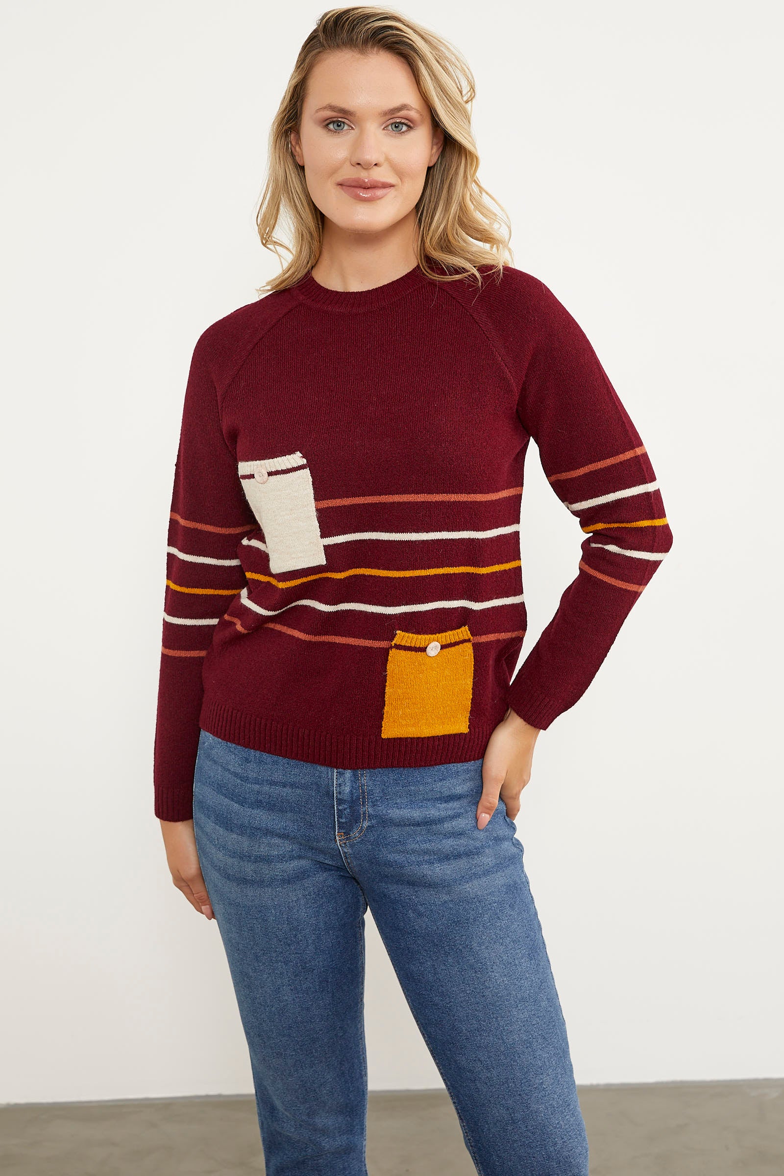 Blok Cepli Renk Çizgili Triko Kazak - Bordo (1) Sementa