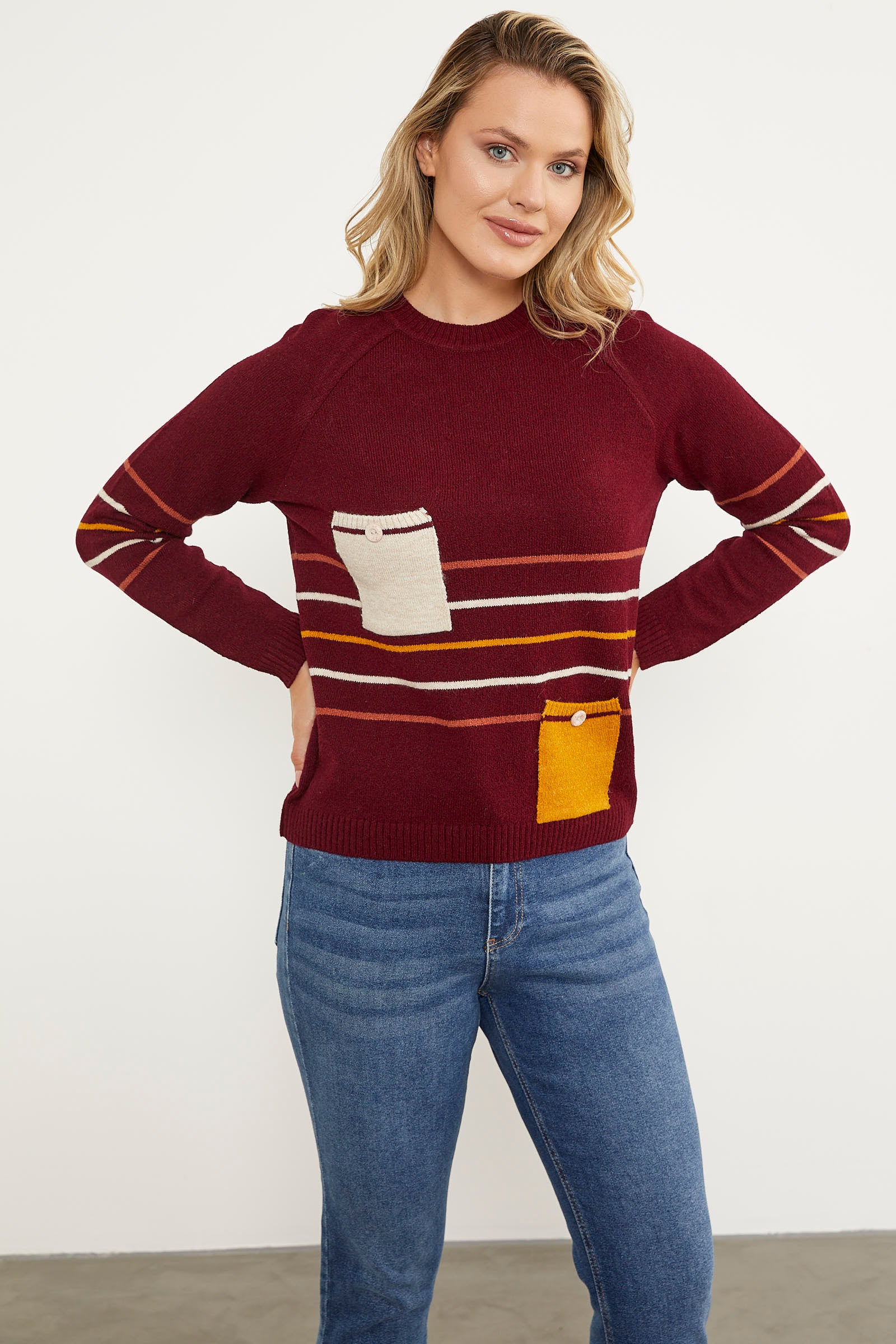 Blok Cepli Renk Çizgili Triko Kazak - Bordo (2) Sementa