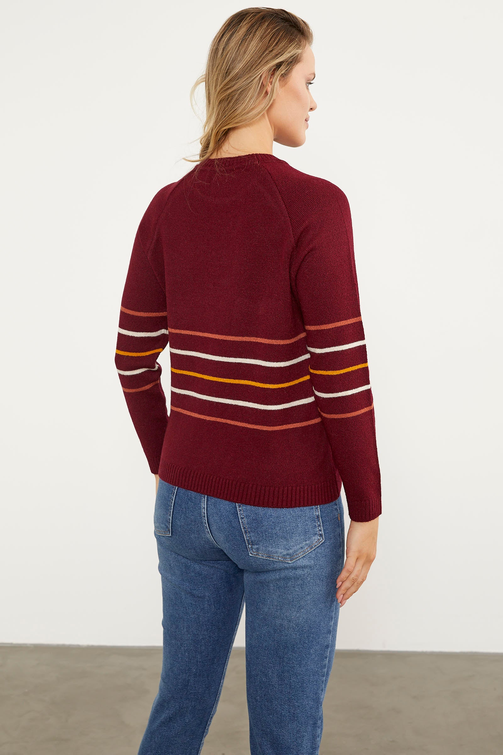 Blok Cepli Renk Çizgili Triko Kazak - Bordo (6) Sementa