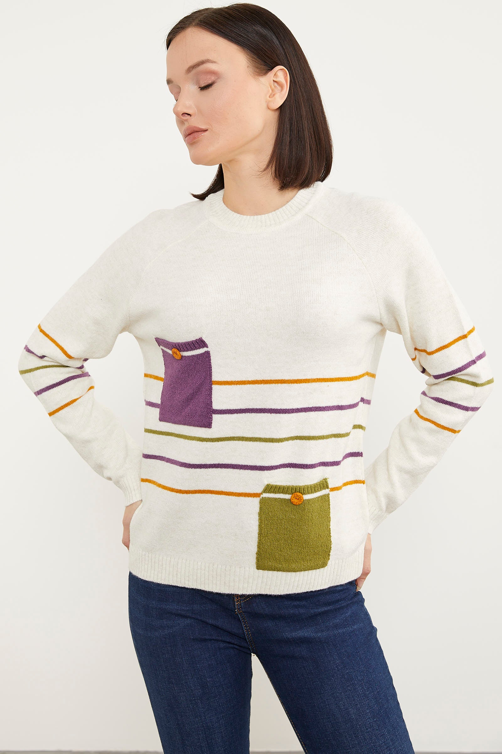 Blok Cepli Renk Çizgili Triko Kazak - Kemik (2) Sementa