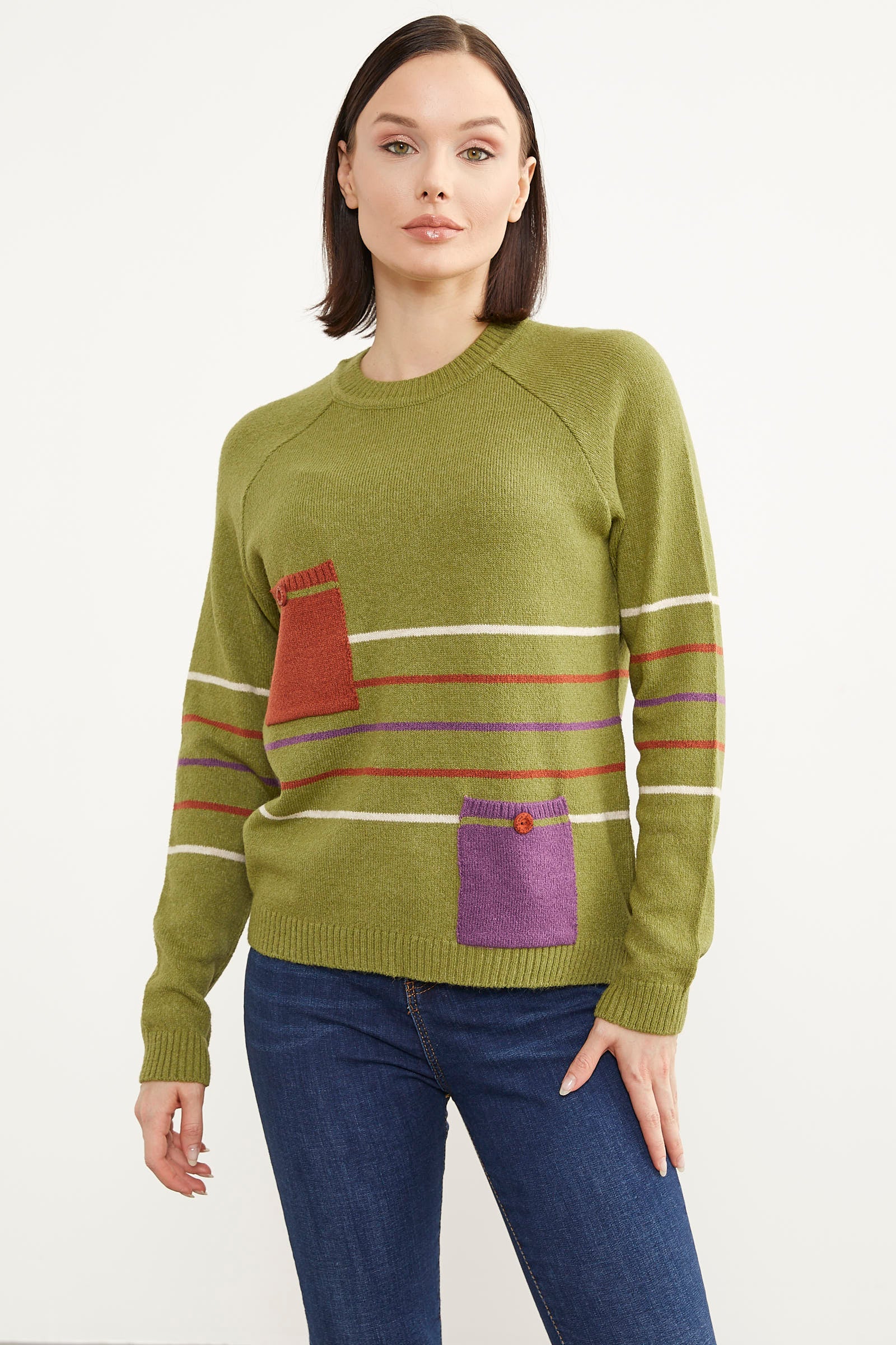 Blok Cepli Renk Çizgili Triko Kazak - Yeşil (1) Sementa