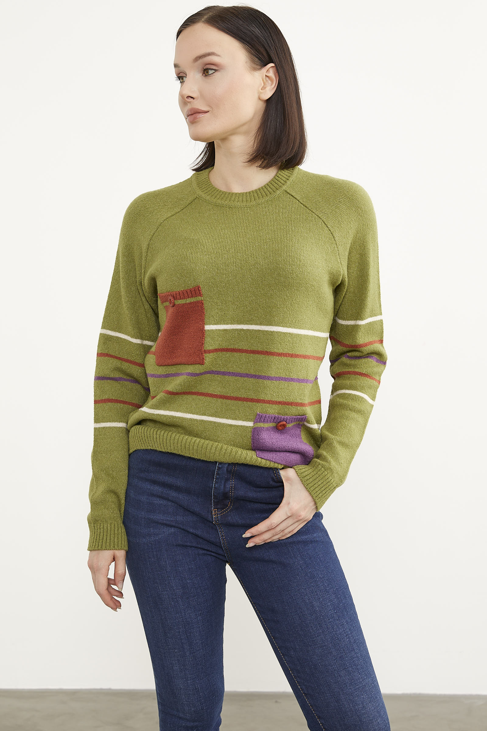 Blok Cepli Renk Çizgili Triko Kazak - Yeşil (3) Sementa