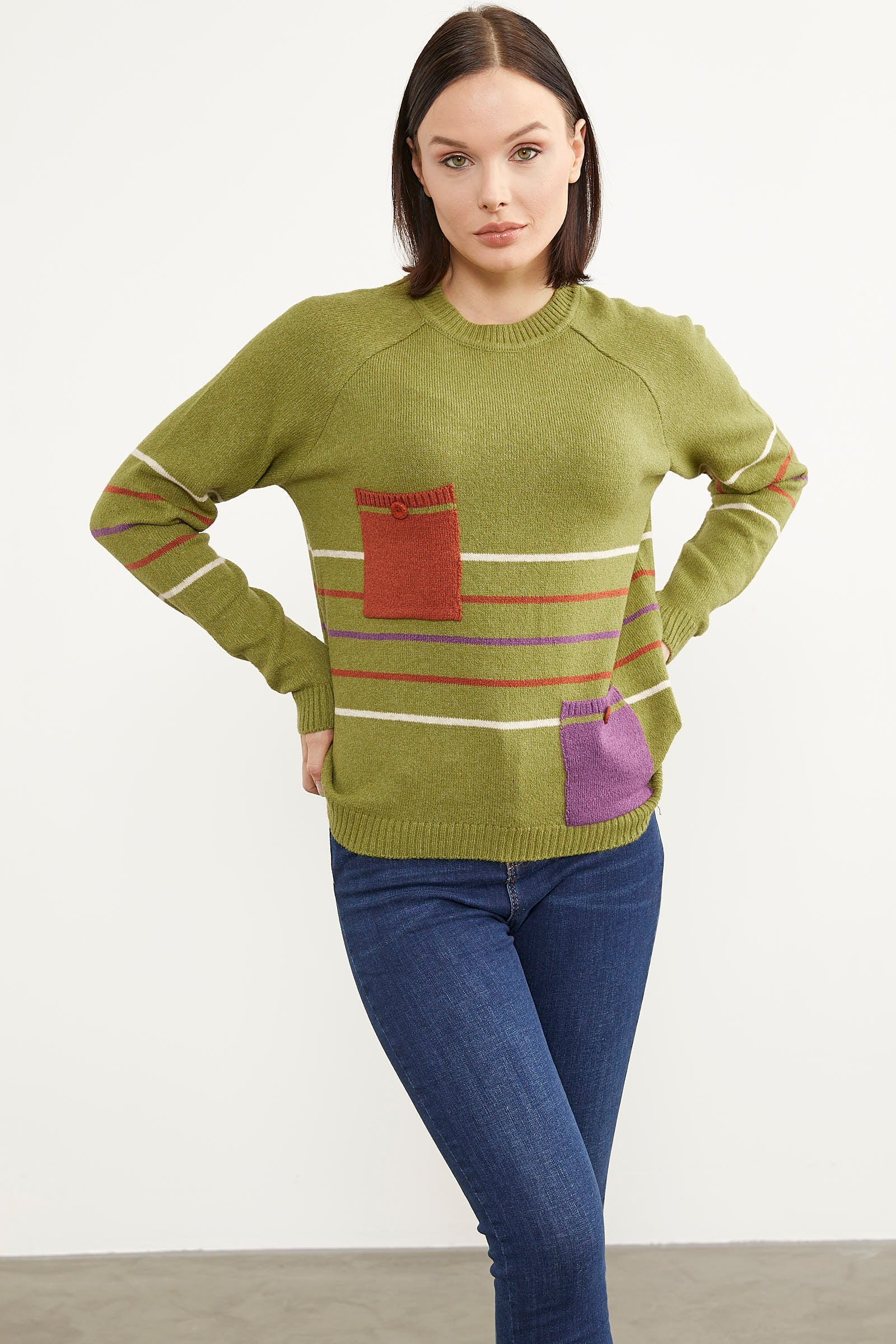 Blok Cepli Renk Çizgili Triko Kazak - Yeşil (4) Sementa