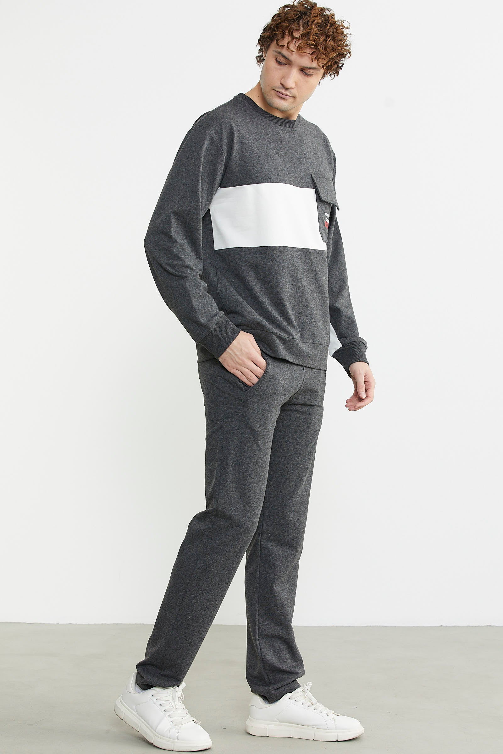 Blok Çizgili Eşofman Takım - Antrasit - Sementa