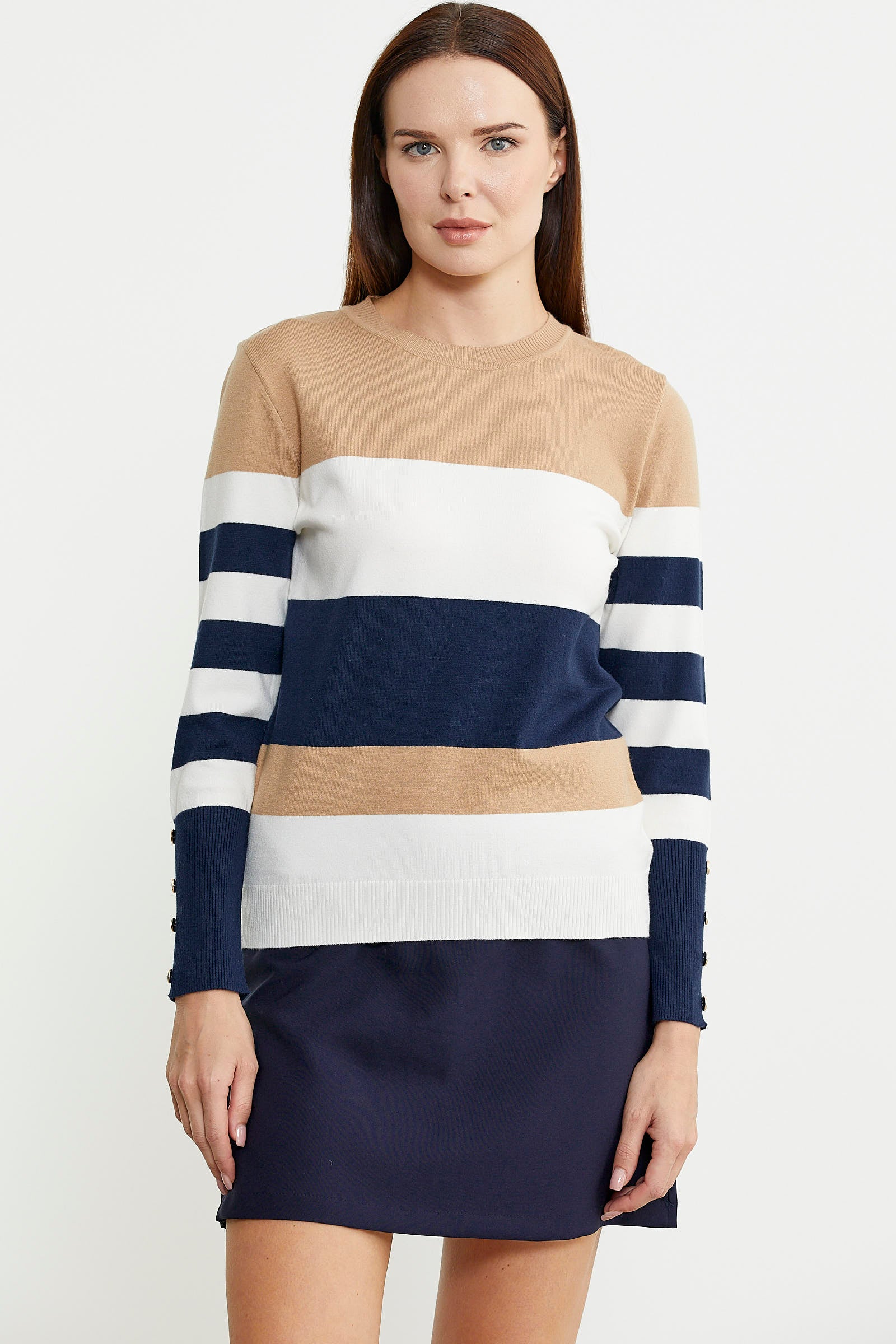 Blok Çizgili Kolu Düğme Detaylı Triko Kazak - Kemik - Sementa