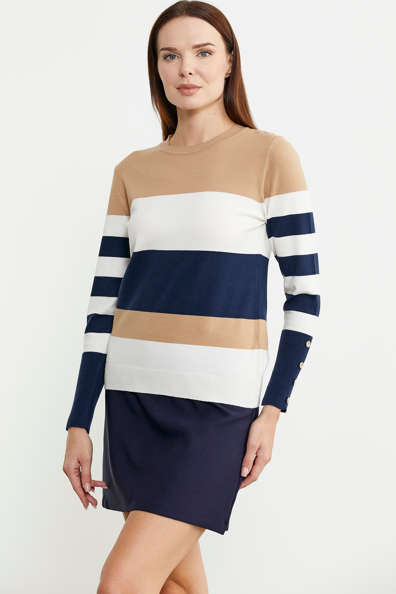 Blok Çizgili Kolu Düğme Detaylı Triko Kazak - Kemik - Sementa