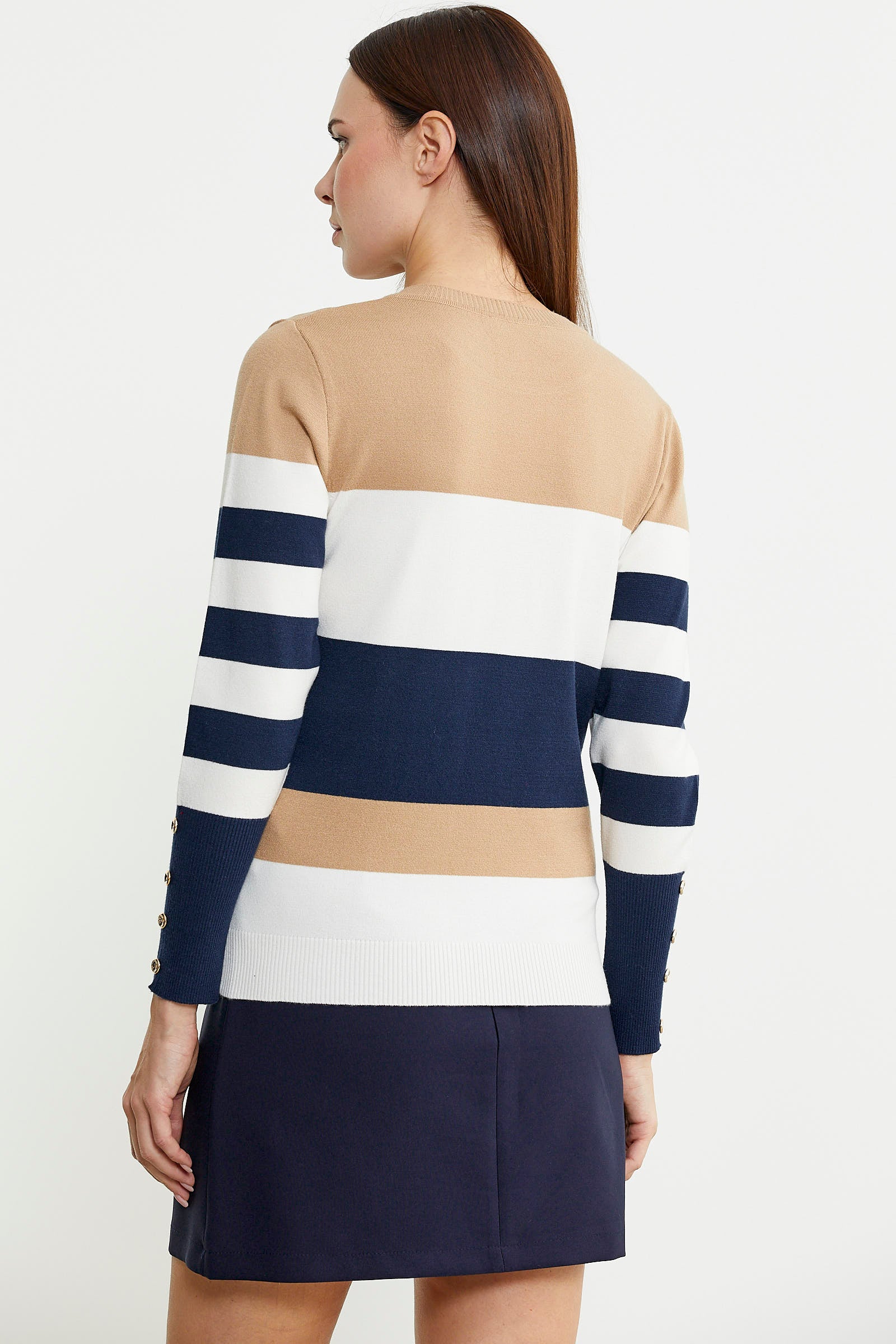 Blok Çizgili Kolu Düğme Detaylı Triko Kazak - Kemik - Sementa